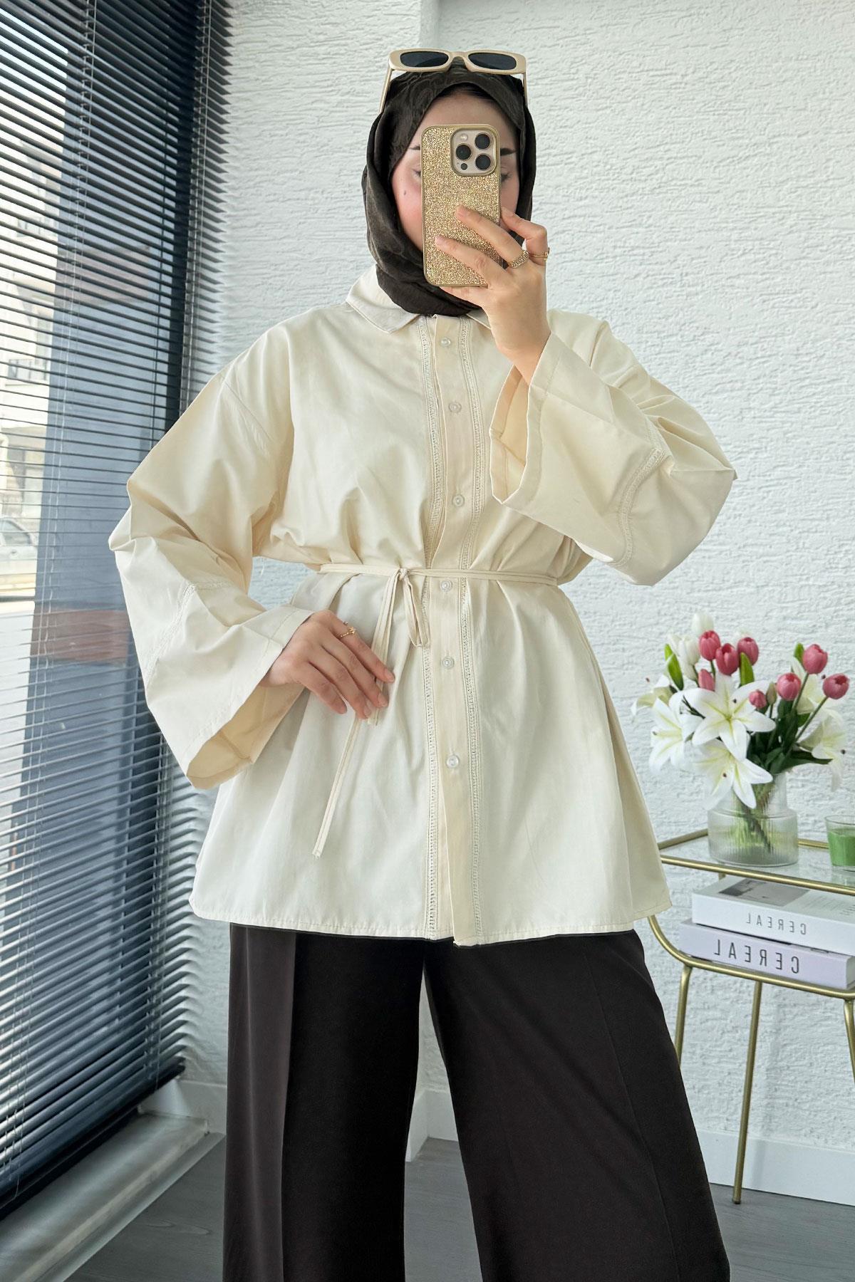 Premium Güpür Biyeli Poplin Gömlek Tunik - Krem