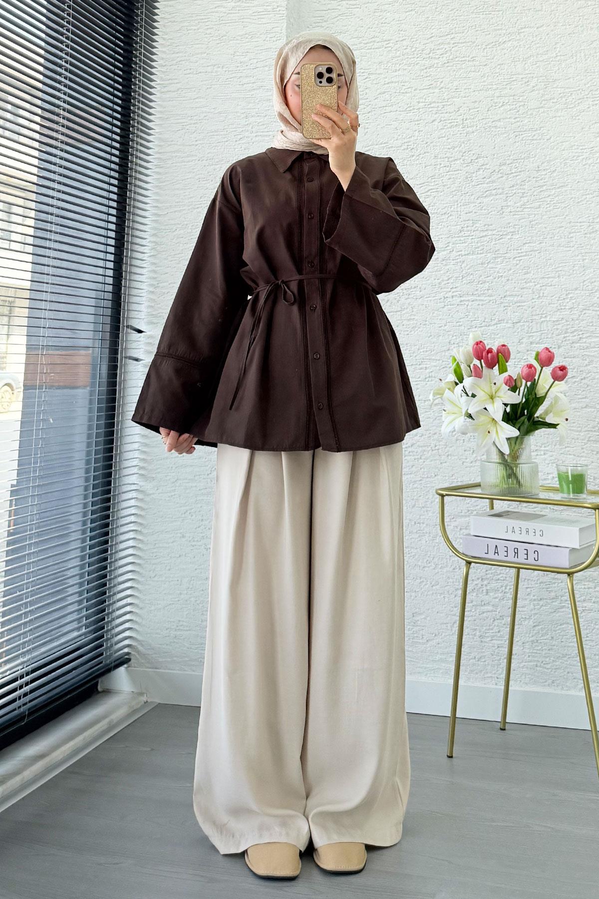Premium Güpür Biyeli Poplin Gömlek Tunik - Kahverengi