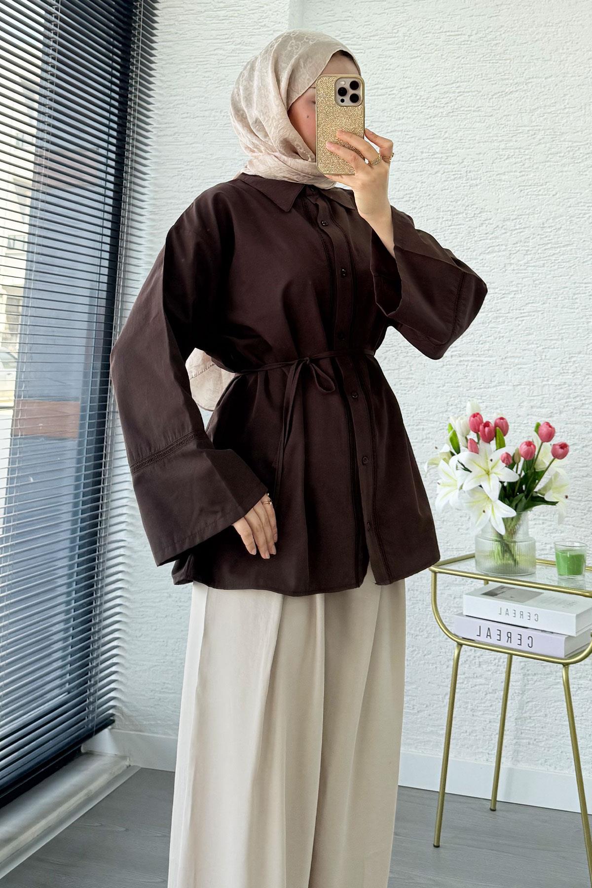Premium Güpür Biyeli Poplin Gömlek Tunik - Kahverengi