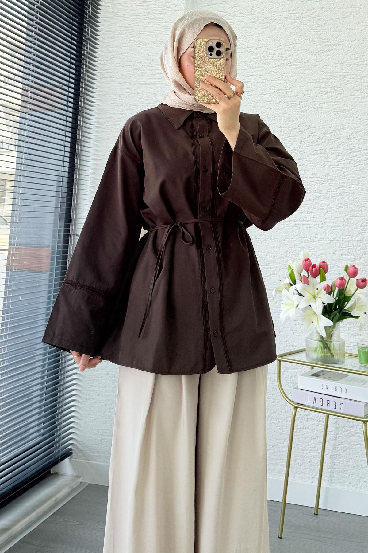Premium Güpür Biyeli Poplin Gömlek Tunik - Kahverengi
