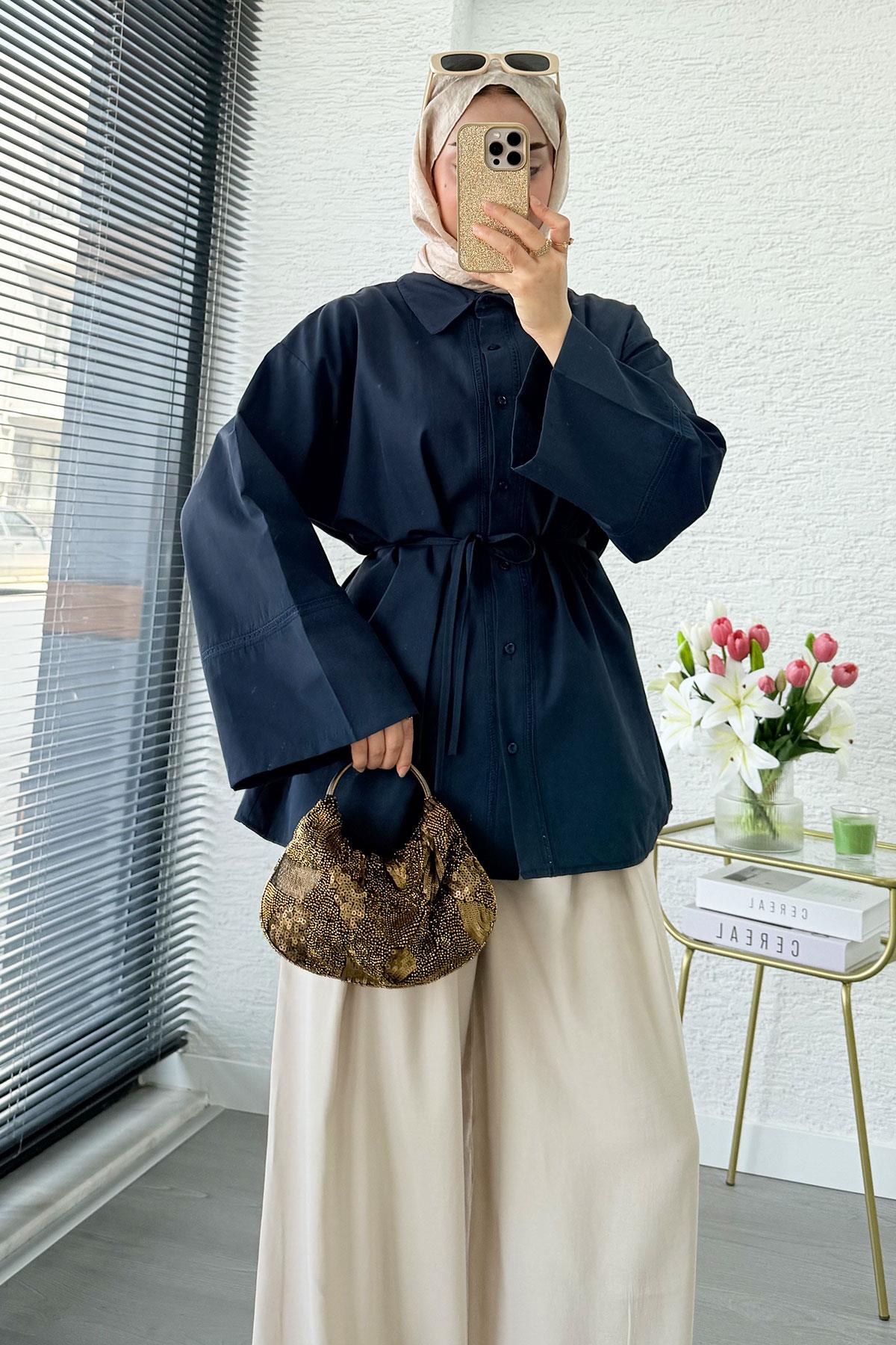 Premium Güpür Biyeli Poplin Gömlek Tunik - Lacivert
