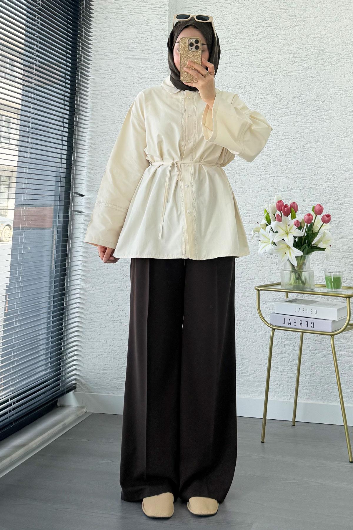 Premium Güpür Biyeli Poplin Gömlek Tunik - Krem
