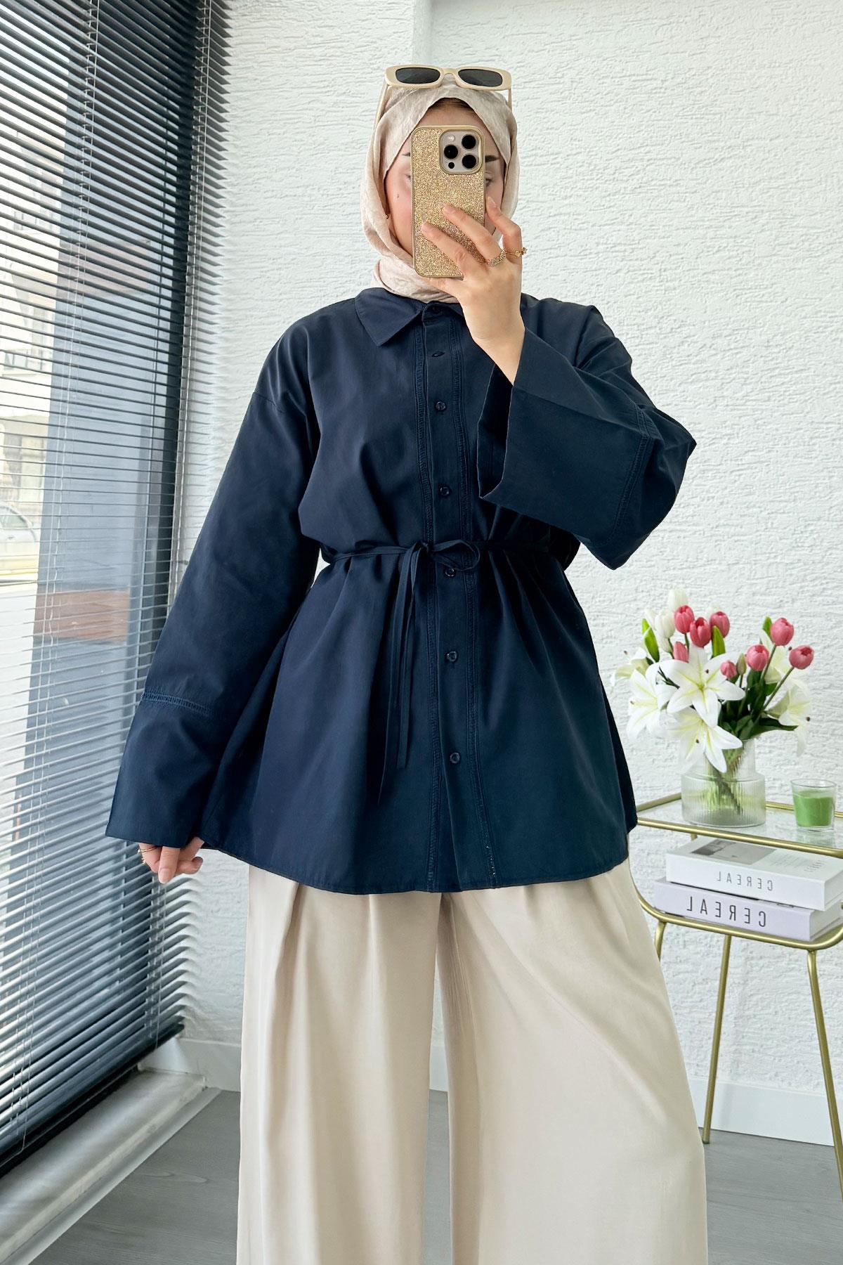 Premium Güpür Biyeli Poplin Gömlek Tunik - Lacivert