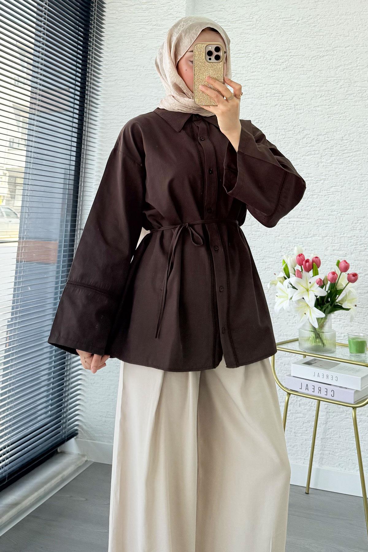 Premium Güpür Biyeli Poplin Gömlek Tunik - Kahverengi
