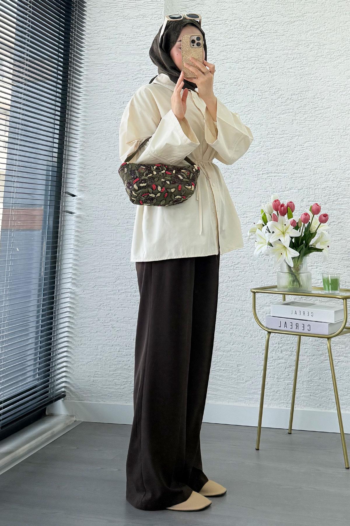 Premium Güpür Biyeli Poplin Gömlek Tunik - Krem