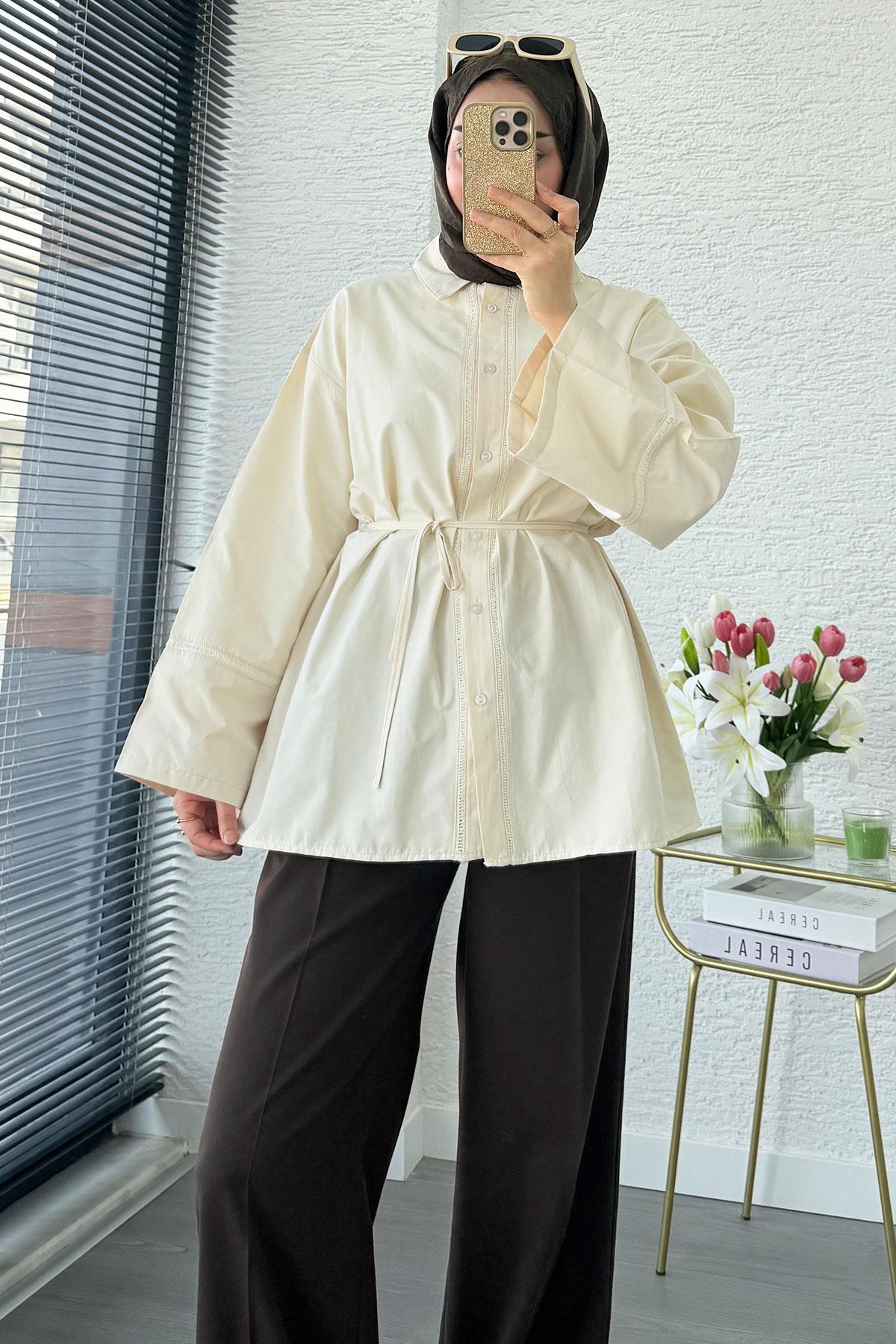 Premium Güpür Biyeli Poplin Gömlek Tunik - Krem