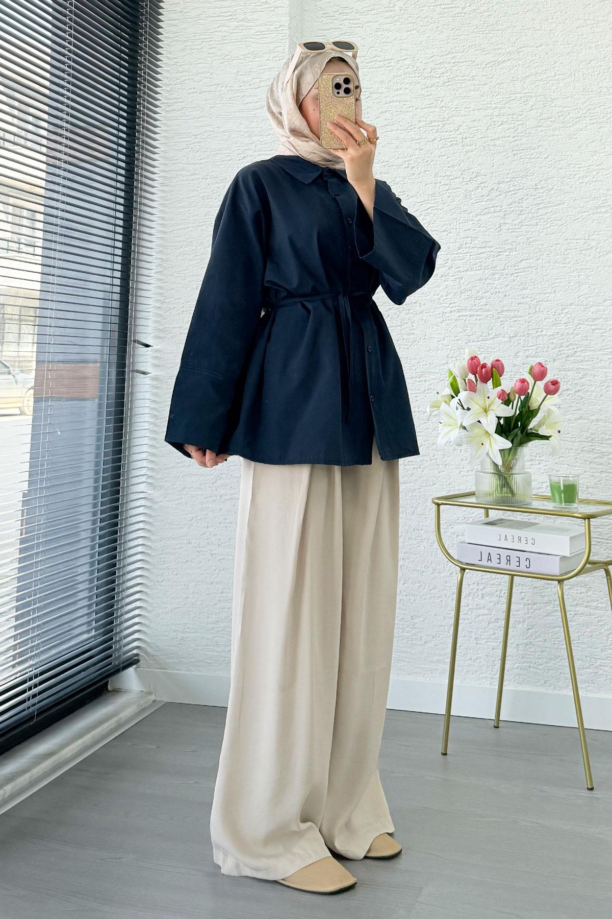 Premium Güpür Biyeli Poplin Gömlek Tunik - Lacivert