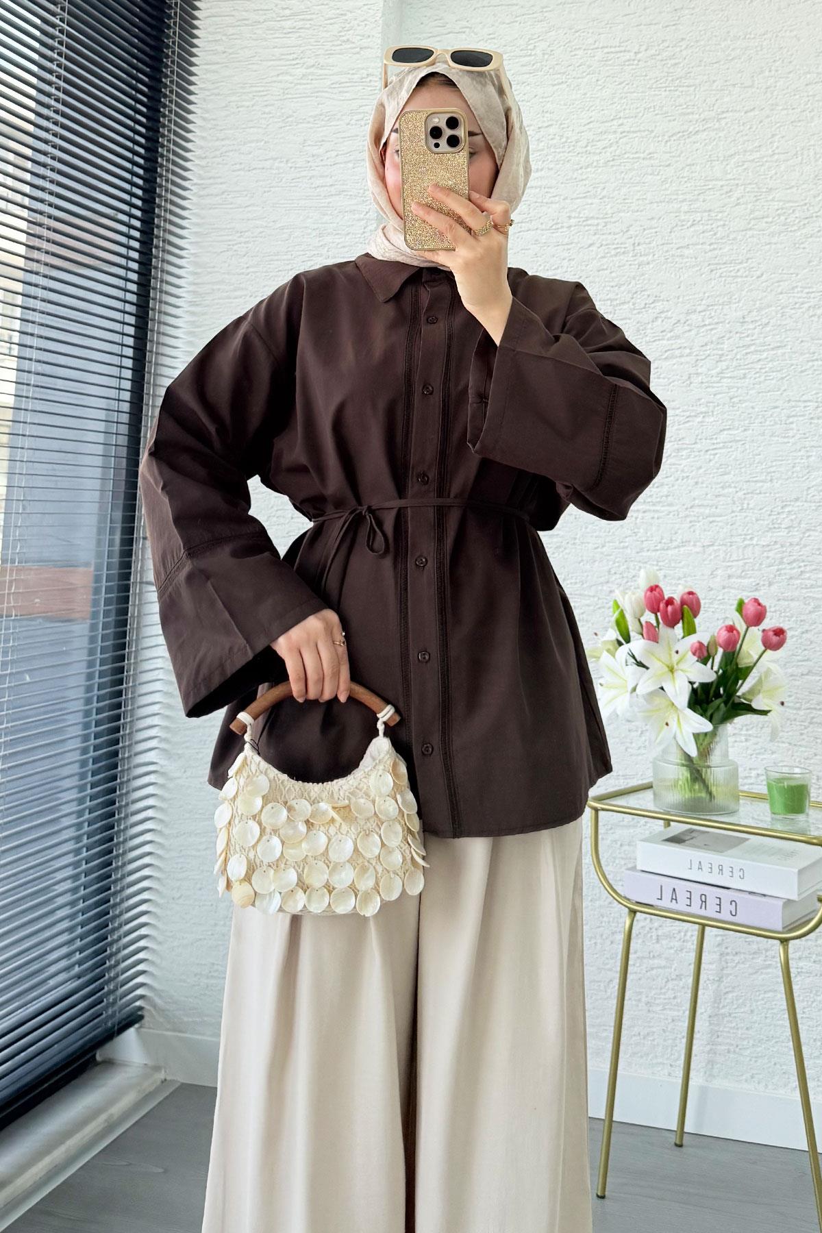 Premium Güpür Biyeli Poplin Gömlek Tunik - Kahverengi