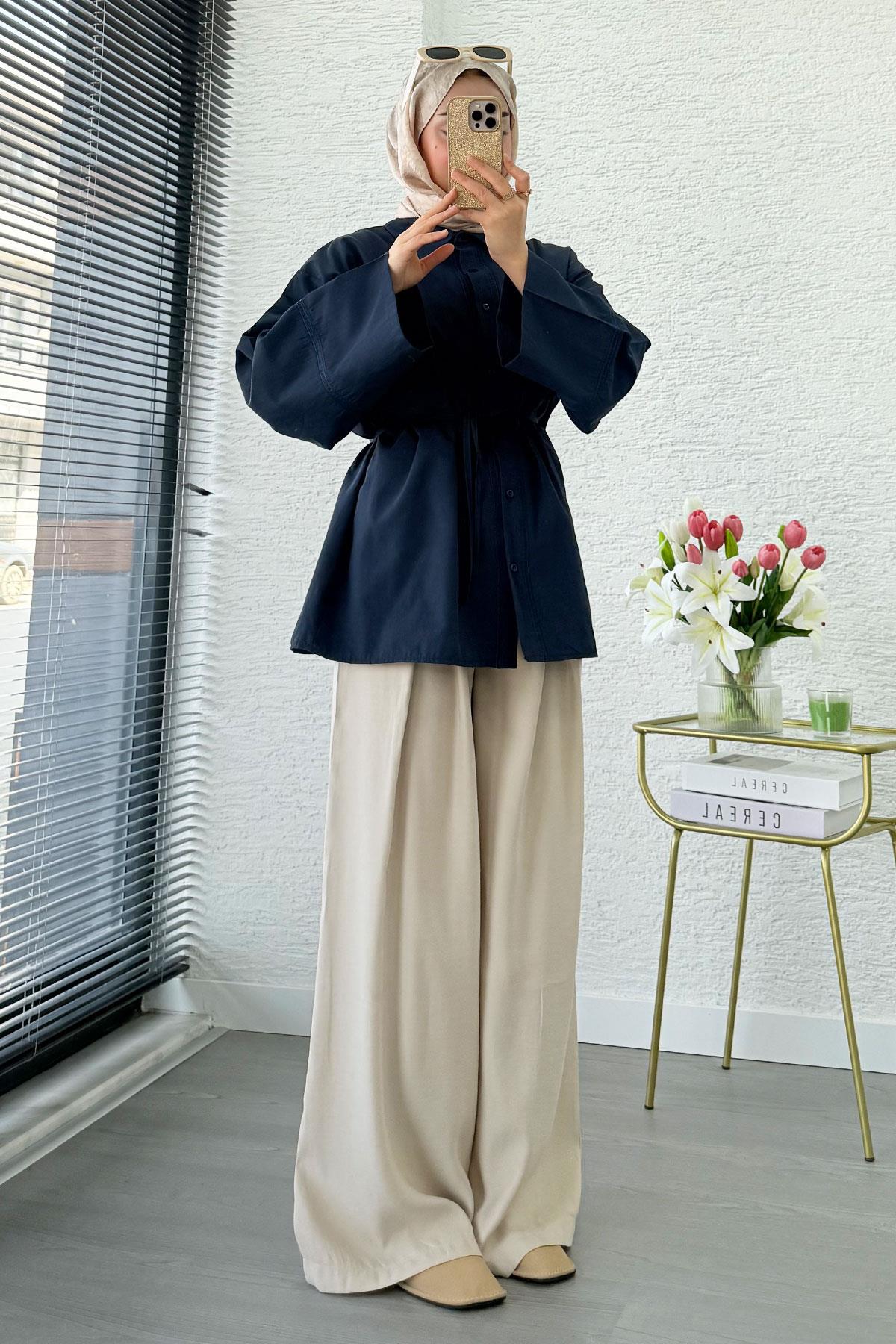 Premium Güpür Biyeli Poplin Gömlek Tunik - Lacivert