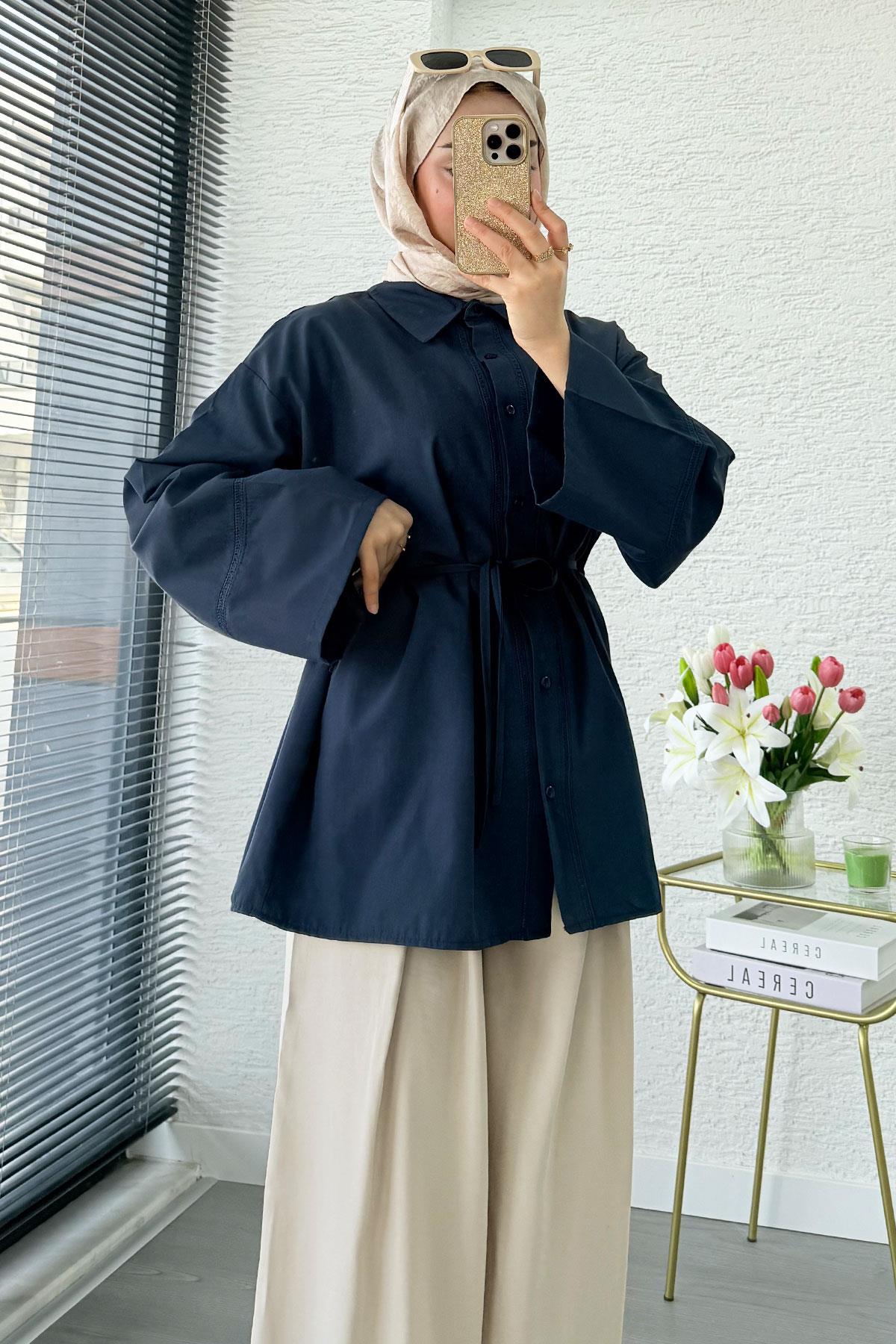Premium Güpür Biyeli Poplin Gömlek Tunik - Lacivert