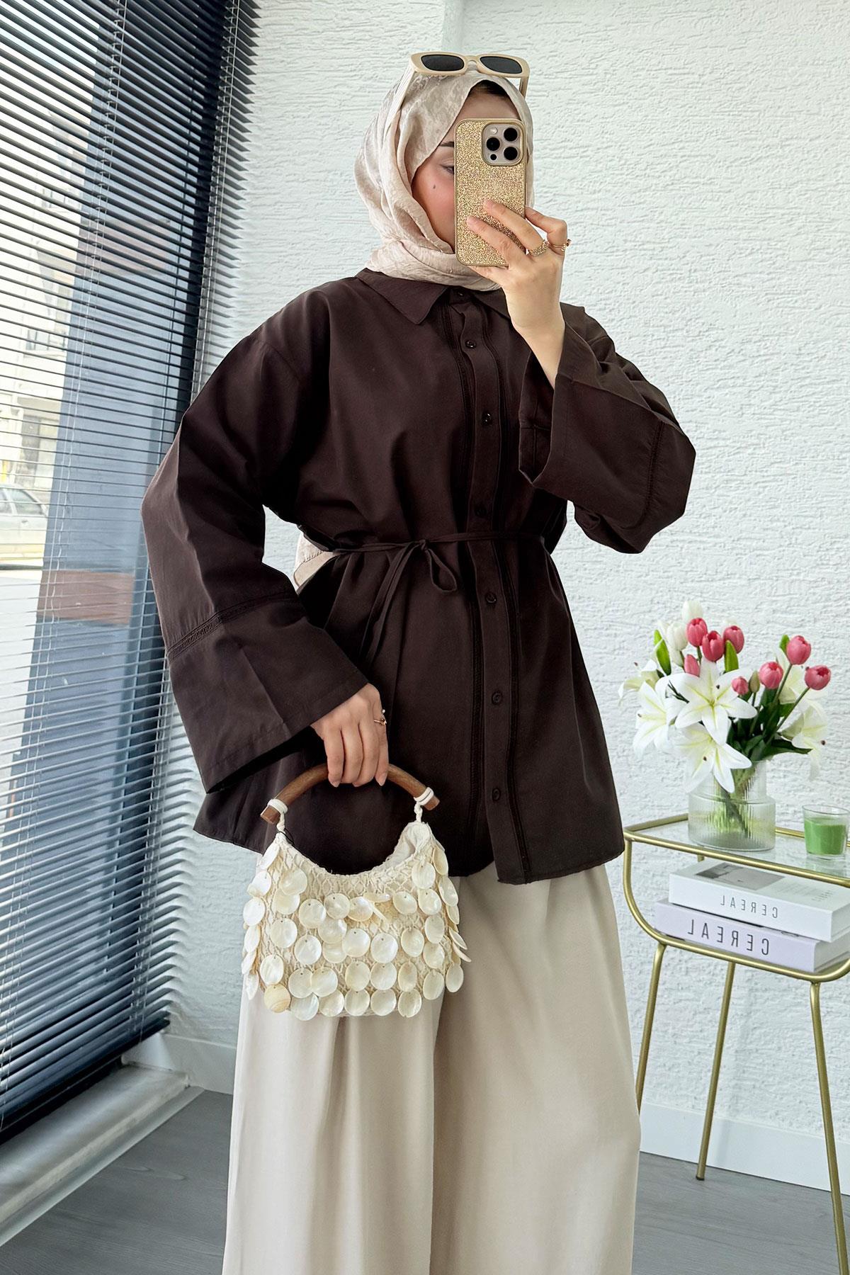 Premium Güpür Biyeli Poplin Gömlek Tunik - Kahverengi