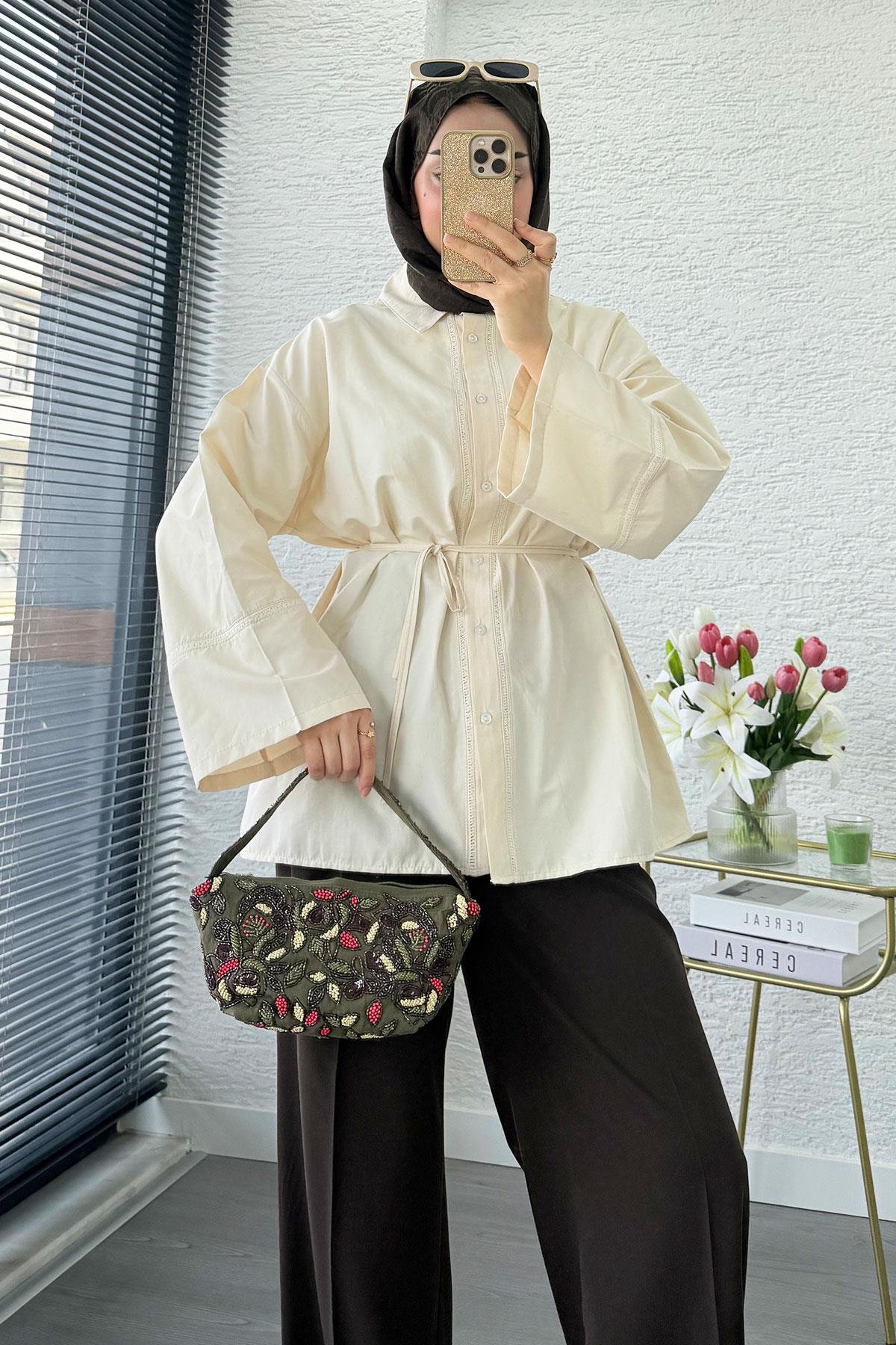 Premium Güpür Biyeli Poplin Gömlek Tunik - Krem