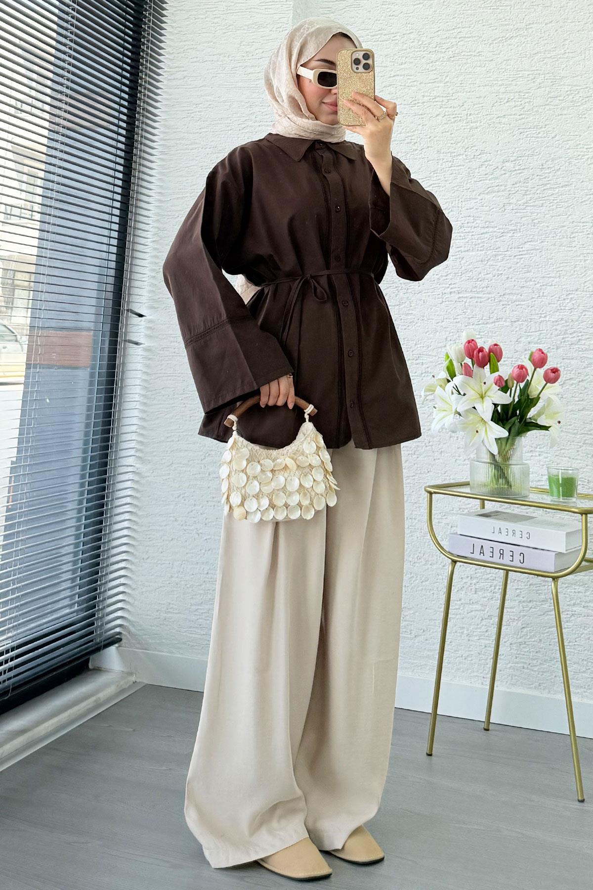 Premium Güpür Biyeli Poplin Gömlek Tunik - Kahverengi