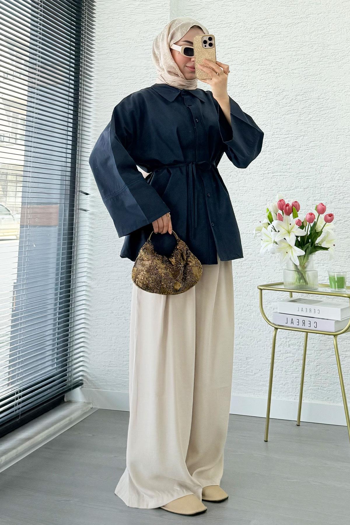 Premium Güpür Biyeli Poplin Gömlek Tunik - Lacivert