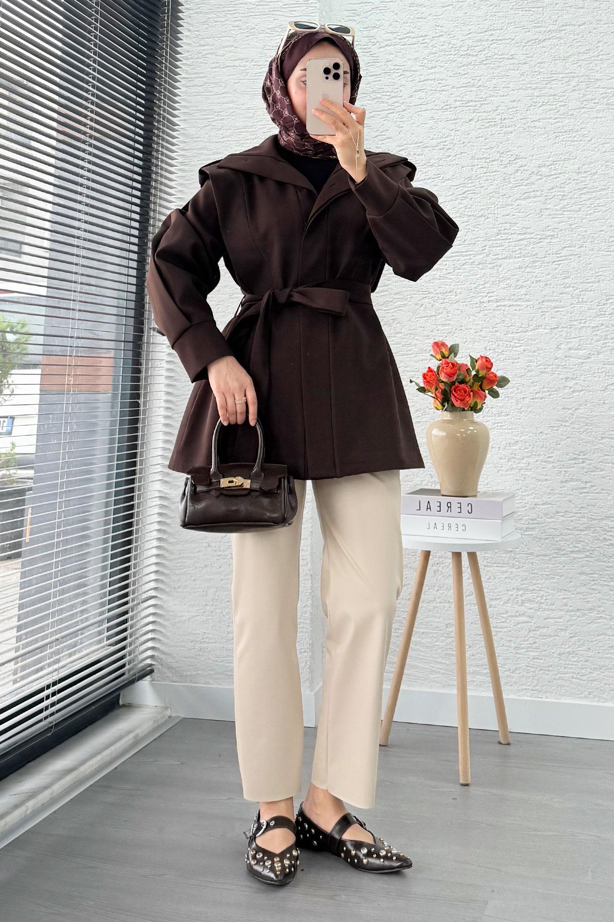 Premium Hakim Yaka Apoletli Astarlı Kadın Trençkot - Kahverengi