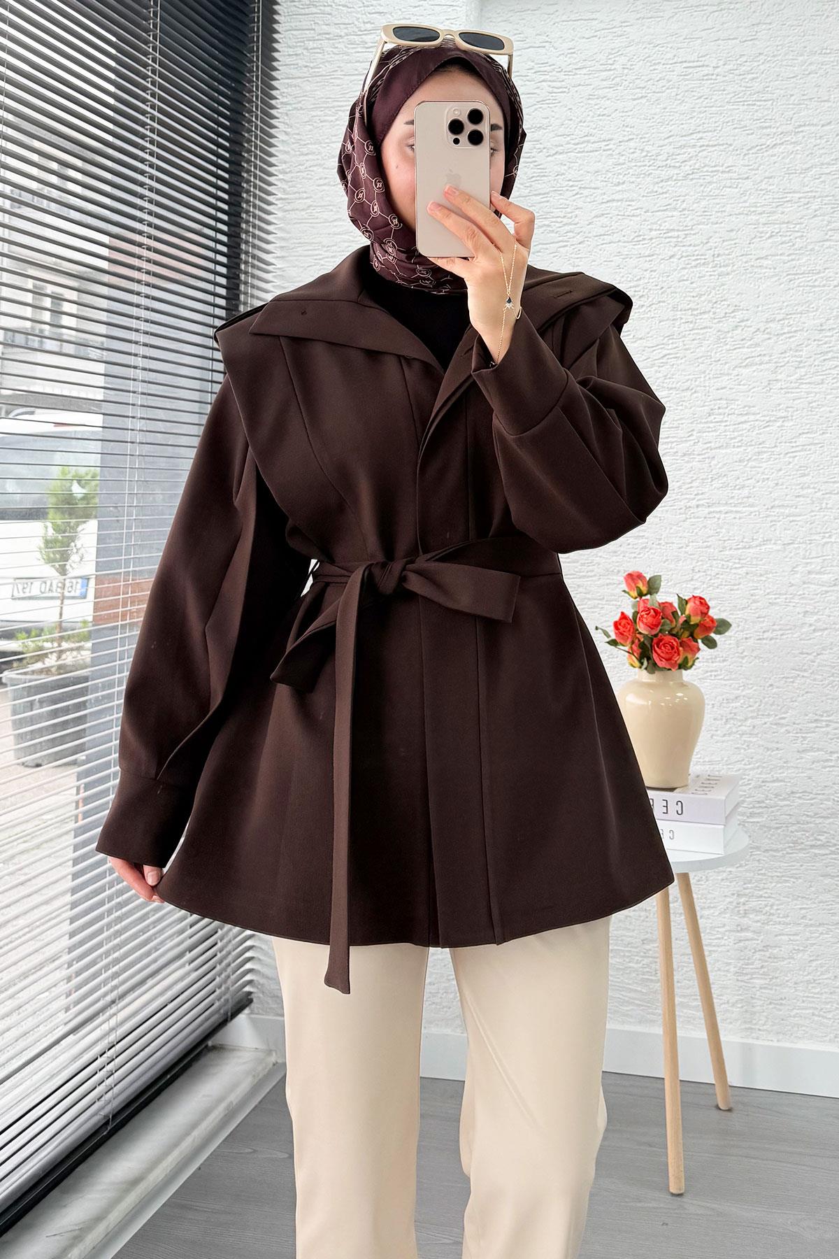 Premium Hakim Yaka Apoletli Astarlı Kadın Trençkot - Kahverengi