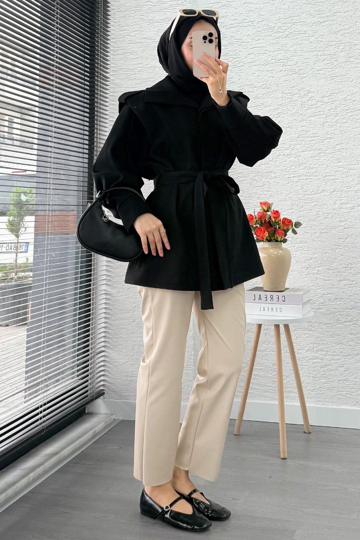 Premium Hakim Yaka Apoletli Astarlı Kadın Trençkot - Siyah