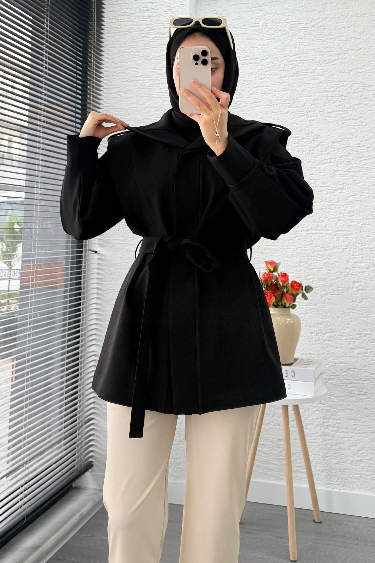 Premium Hakim Yaka Apoletli Astarlı Kadın Trençkot - Siyah