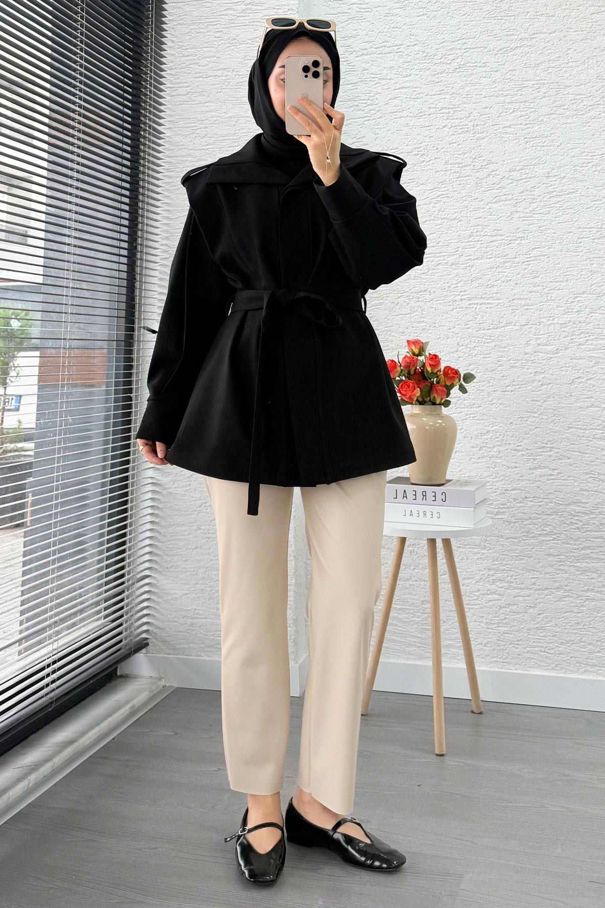 Premium Hakim Yaka Apoletli Astarlı Kadın Trençkot - Siyah