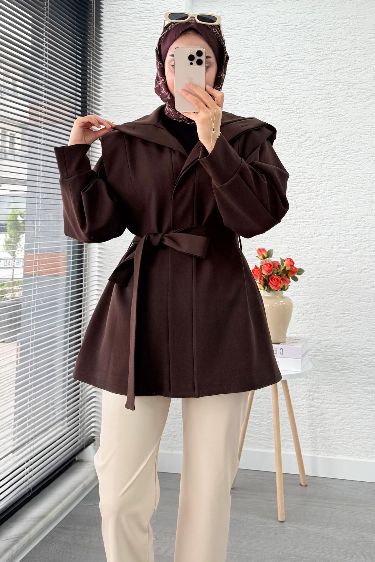 Premium Hakim Yaka Apoletli Astarlı Kadın Trençkot - Kahverengi