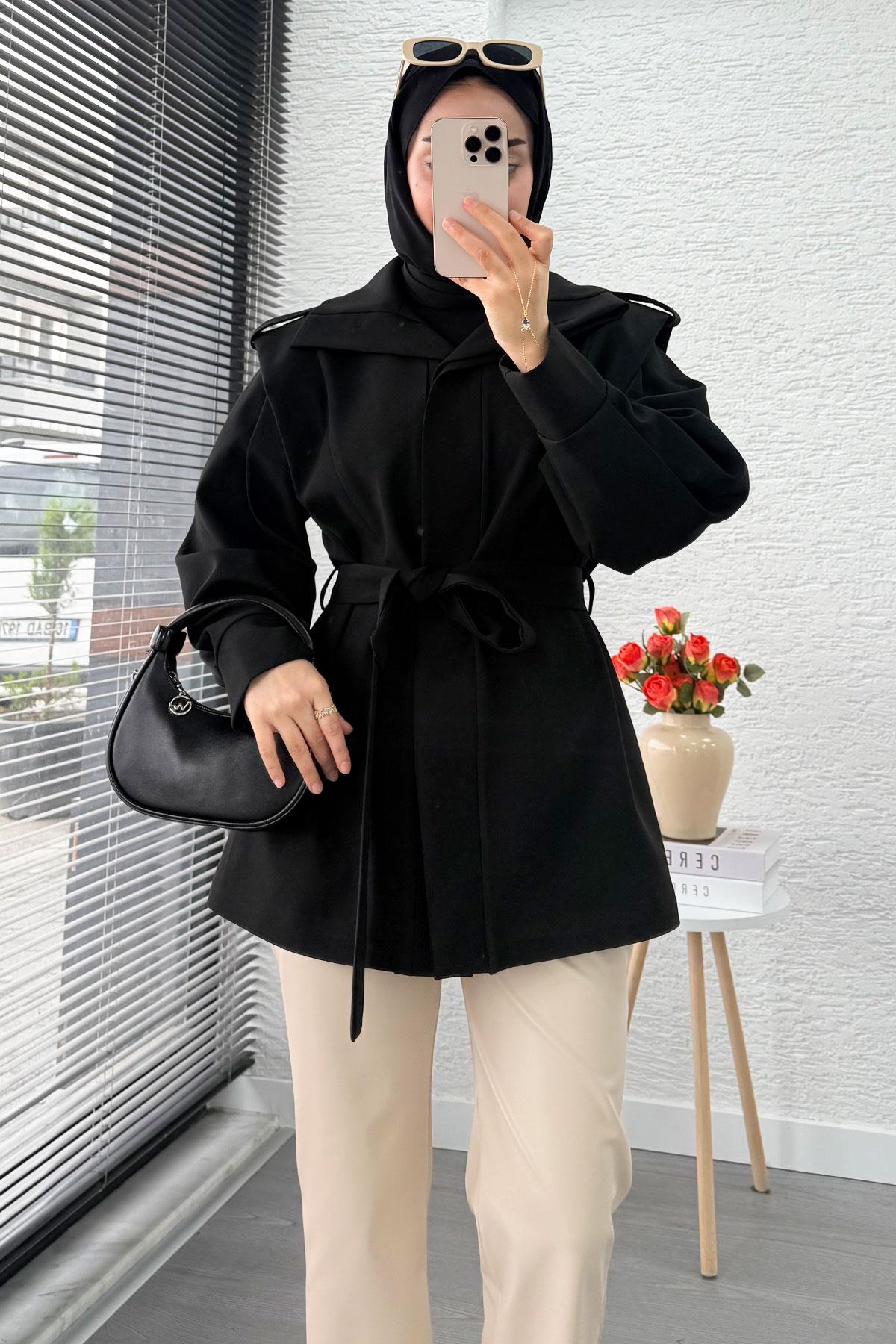 Premium Hakim Yaka Apoletli Astarlı Kadın Trençkot - Siyah