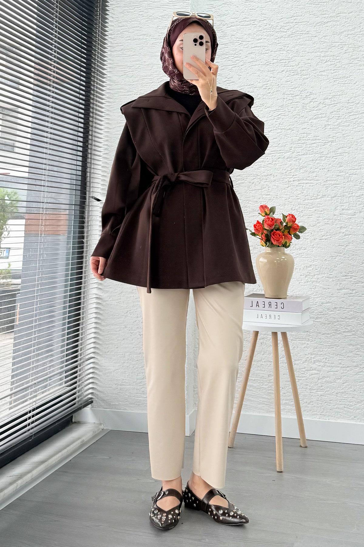 Premium Hakim Yaka Apoletli Astarlı Kadın Trençkot - Kahverengi