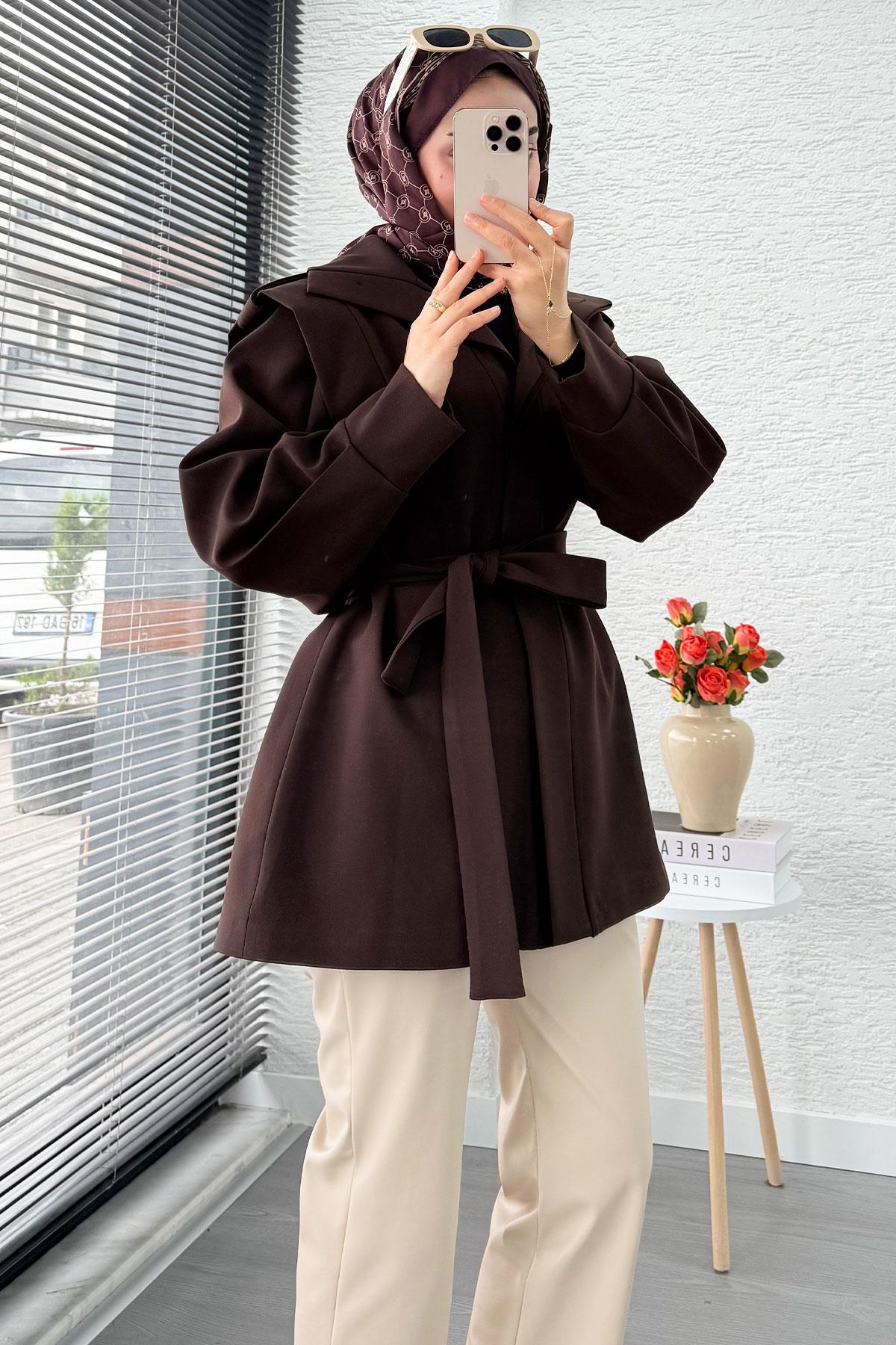 Premium Hakim Yaka Apoletli Astarlı Kadın Trençkot - Kahverengi