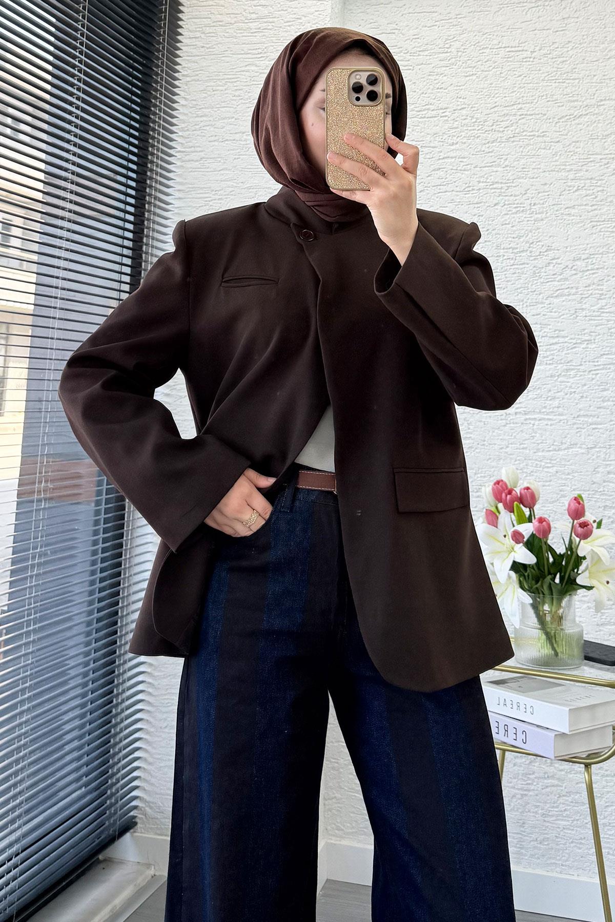Premium Hakim Yaka Çapraz Düğmeli Blazer Ceket – Kahverengi
