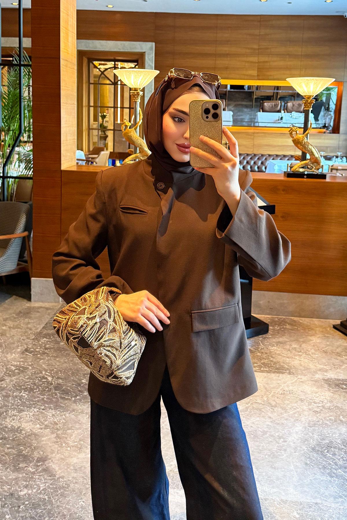 Premium Hakim Yaka Çapraz Düğmeli Blazer Ceket – Kahverengi