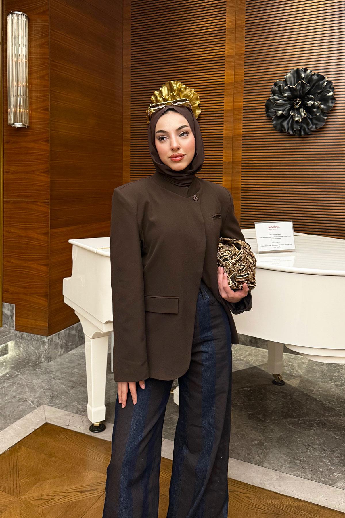 Premium Hakim Yaka Çapraz Düğmeli Blazer Ceket – Kahverengi
