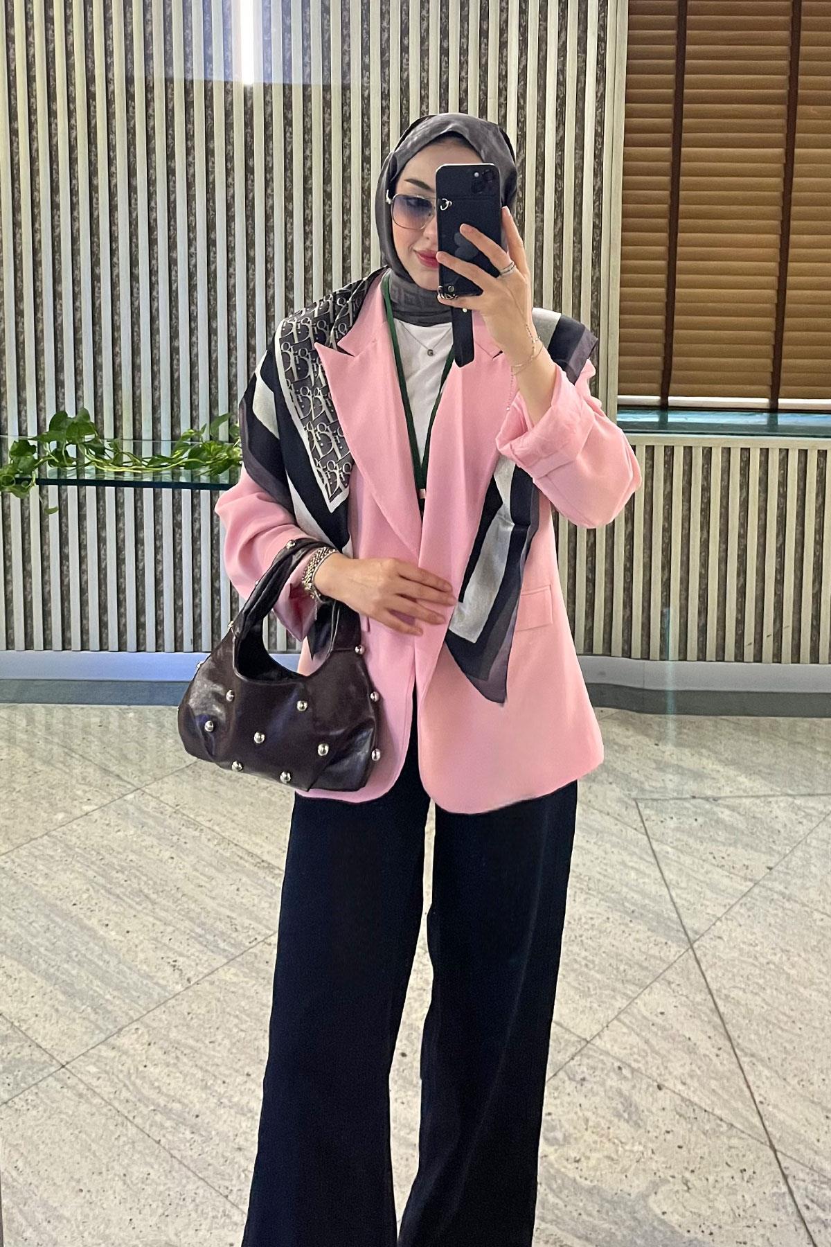 Premium Hakim Yaka Çapraz Düğmeli Blazer Ceket – Pembe
