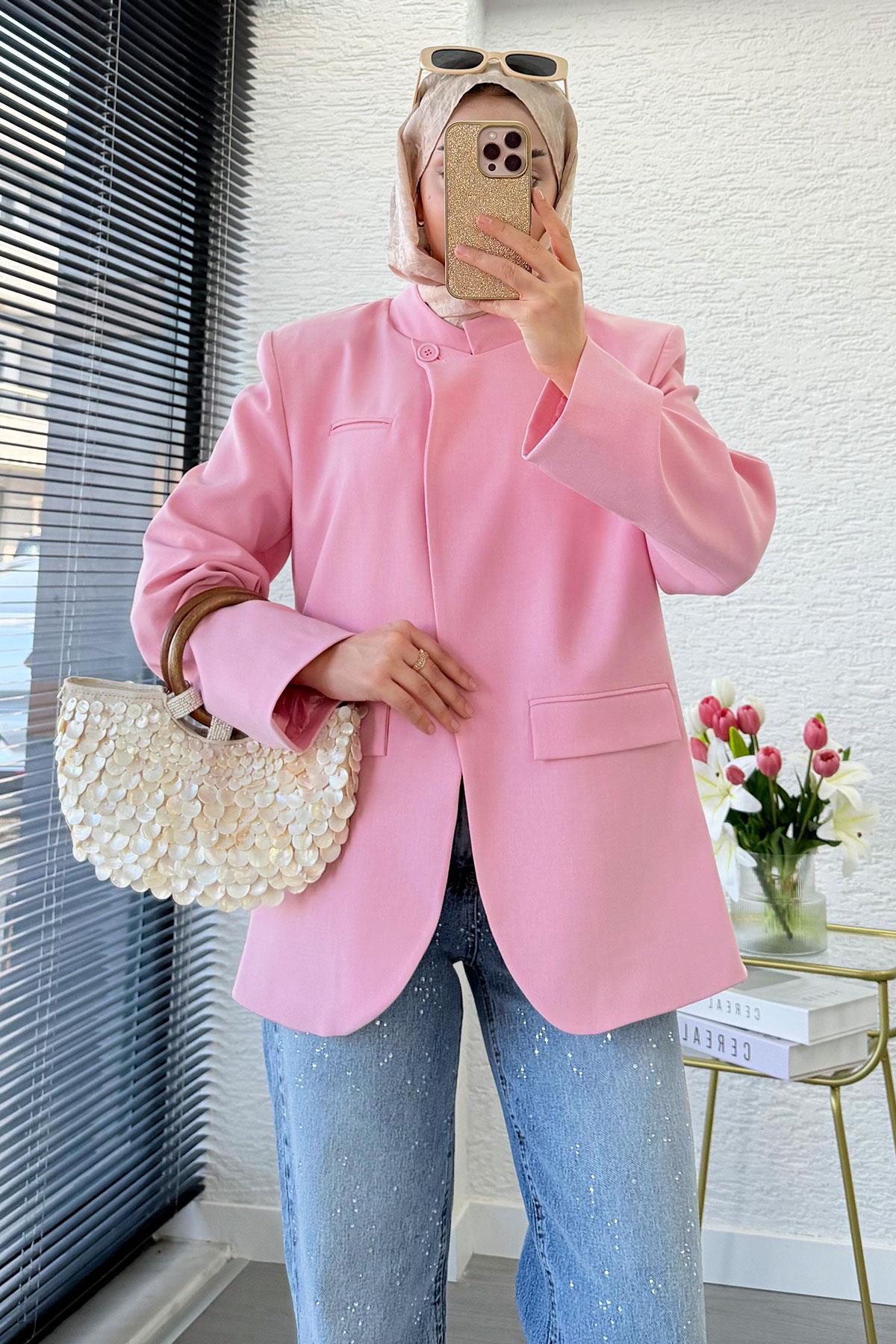 Premium Hakim Yaka Çapraz Düğmeli Blazer Ceket – Pembe