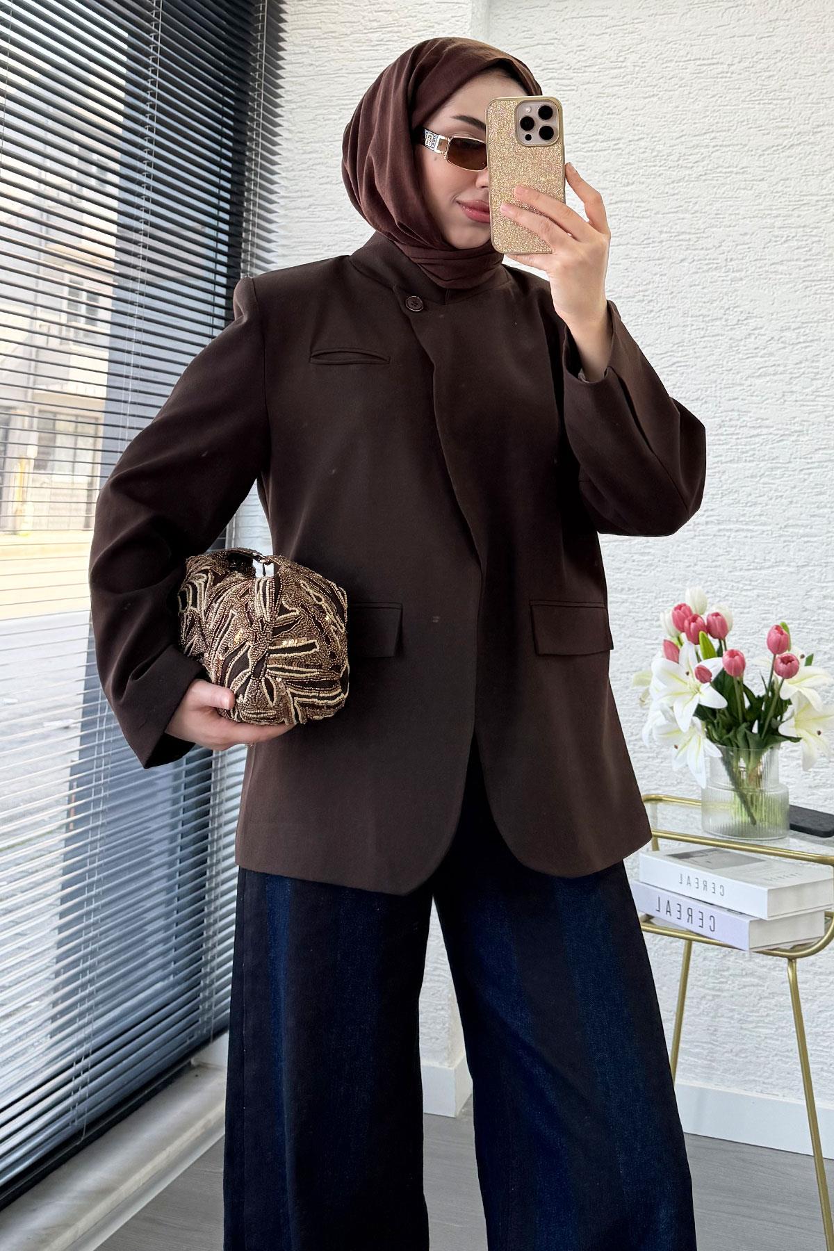 Premium Hakim Yaka Çapraz Düğmeli Blazer Ceket – Kahverengi