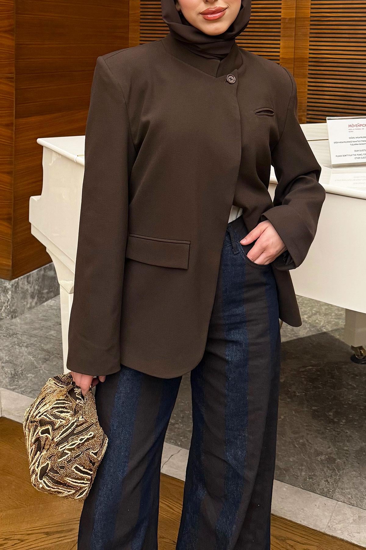 Premium Hakim Yaka Çapraz Düğmeli Blazer Ceket – Kahverengi