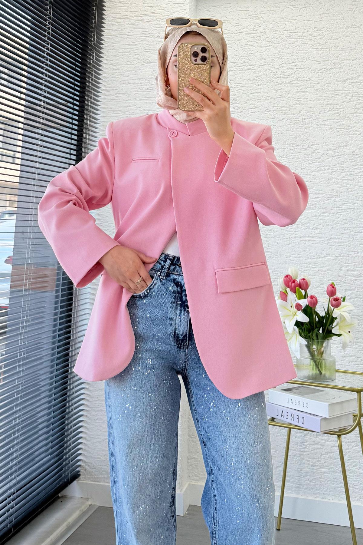 Premium Hakim Yaka Çapraz Düğmeli Blazer Ceket – Pembe