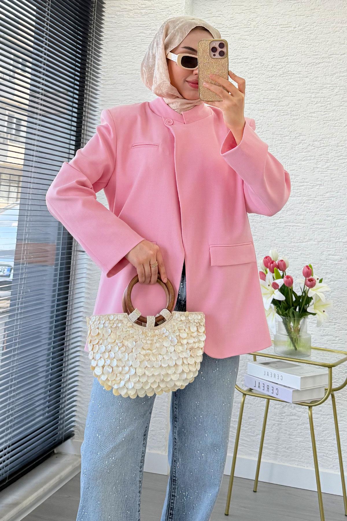 Premium Hakim Yaka Çapraz Düğmeli Blazer Ceket – Pembe