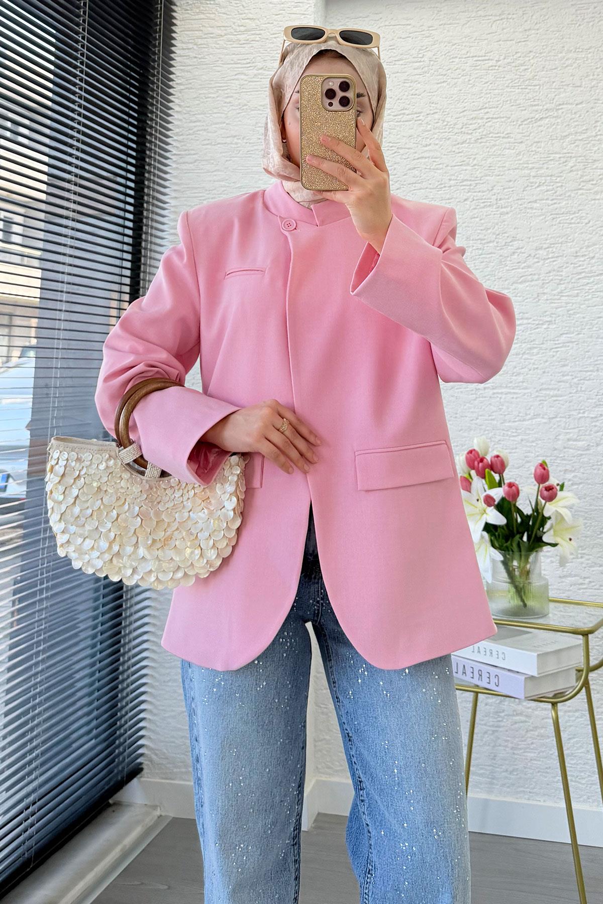 Premium Hakim Yaka Çapraz Düğmeli Blazer Ceket – Pembe