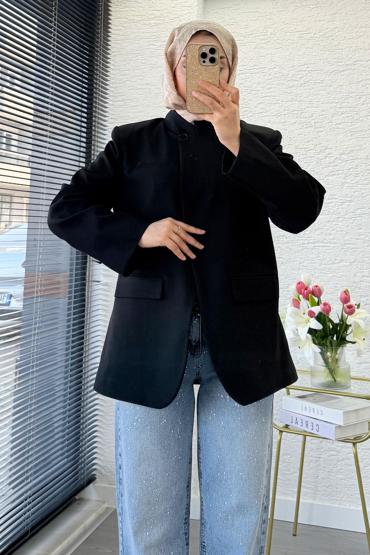 Premium Hakim Yaka Çapraz Düğmeli Blazer Ceket – Siyah