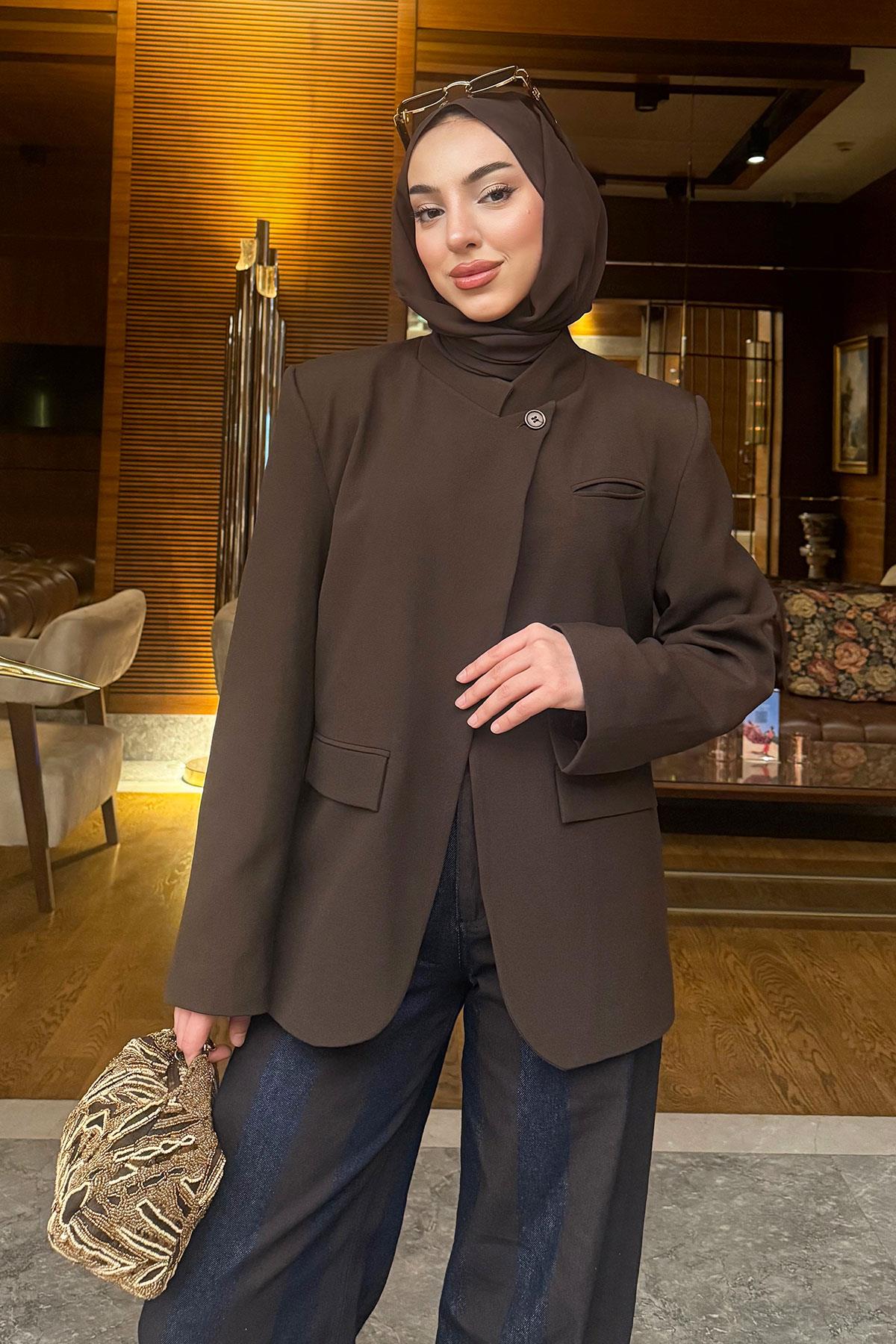 Premium Hakim Yaka Çapraz Düğmeli Blazer Ceket – Kahverengi