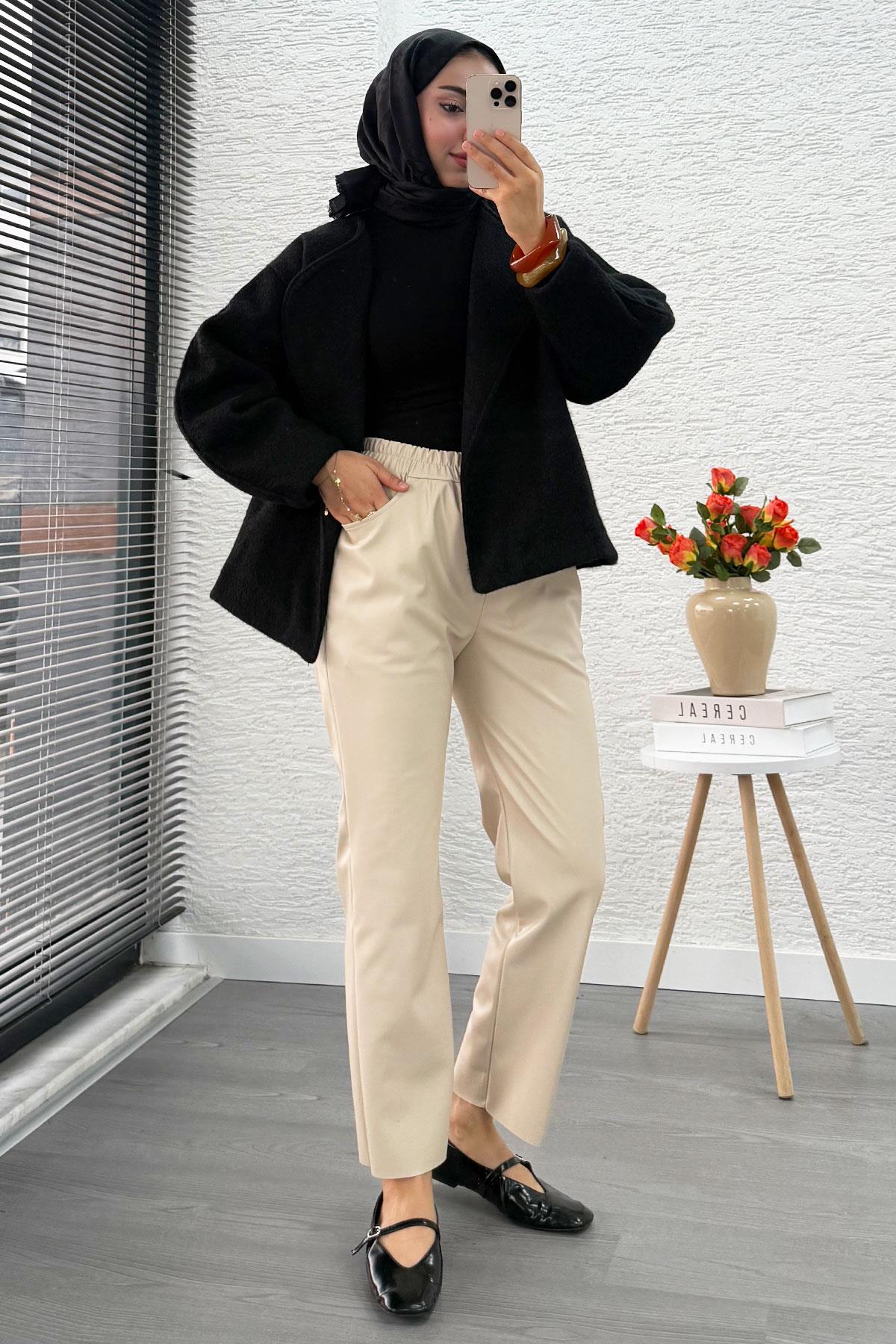 Premium Havuç Kesim Deri Pantolon – Krem