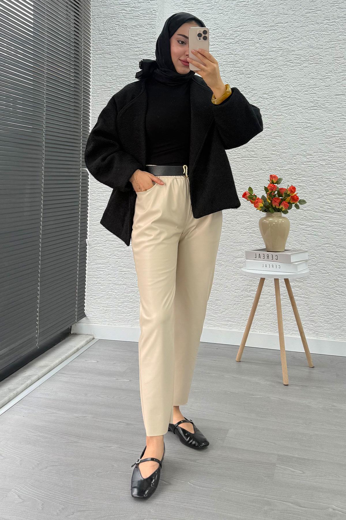 Premium Havuç Kesim Deri Pantolon – Krem