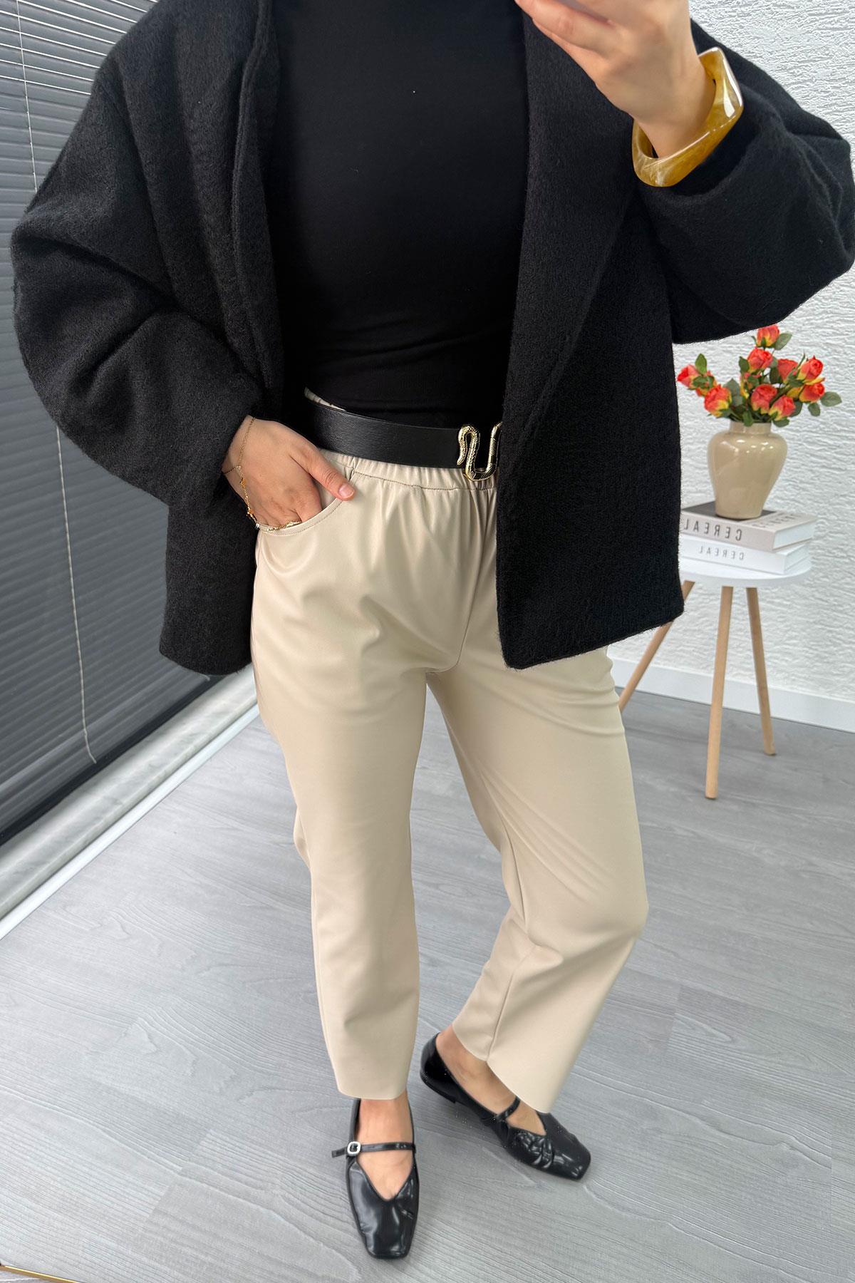 Premium Havuç Kesim Deri Pantolon – Krem