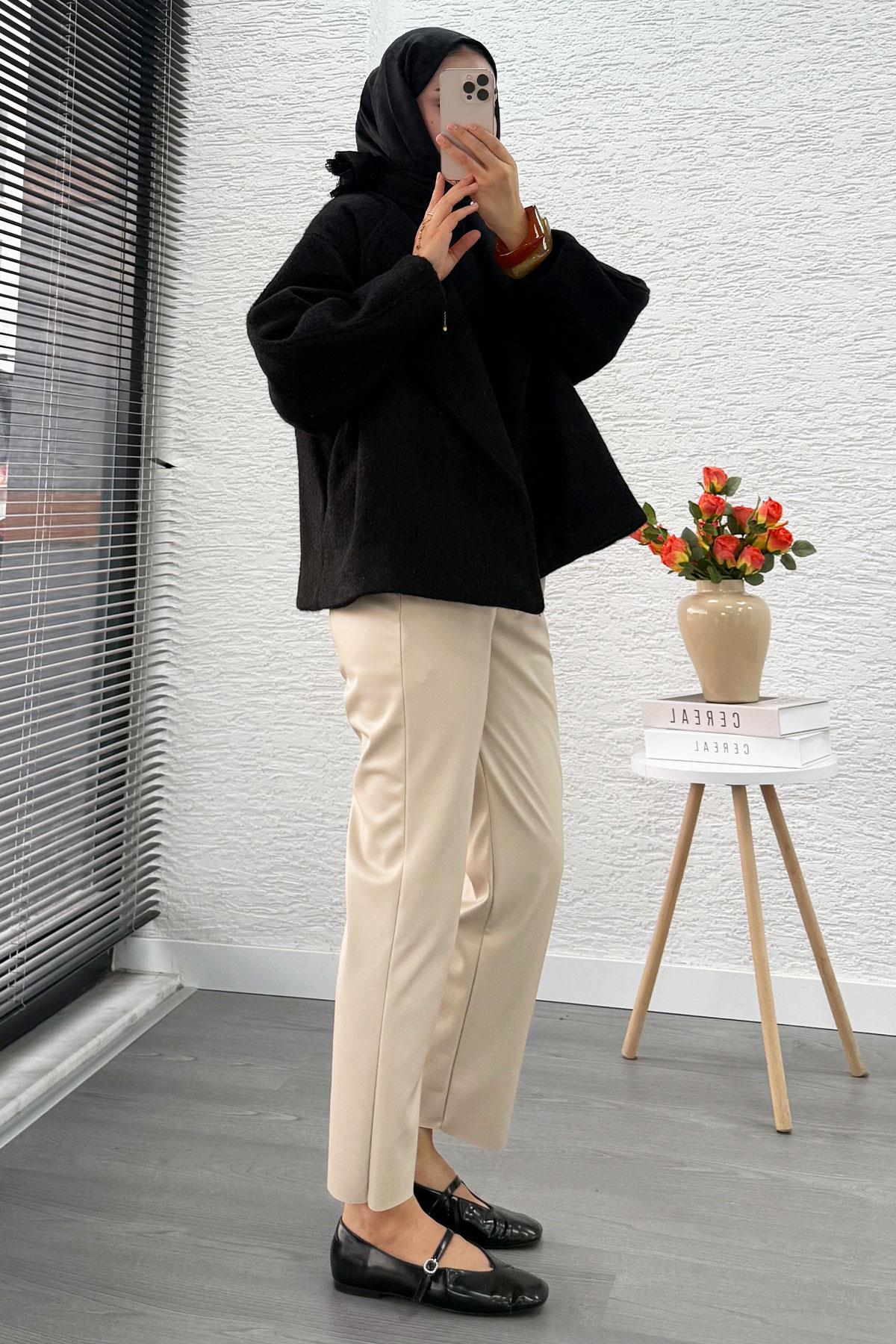 Premium Havuç Kesim Deri Pantolon – Krem