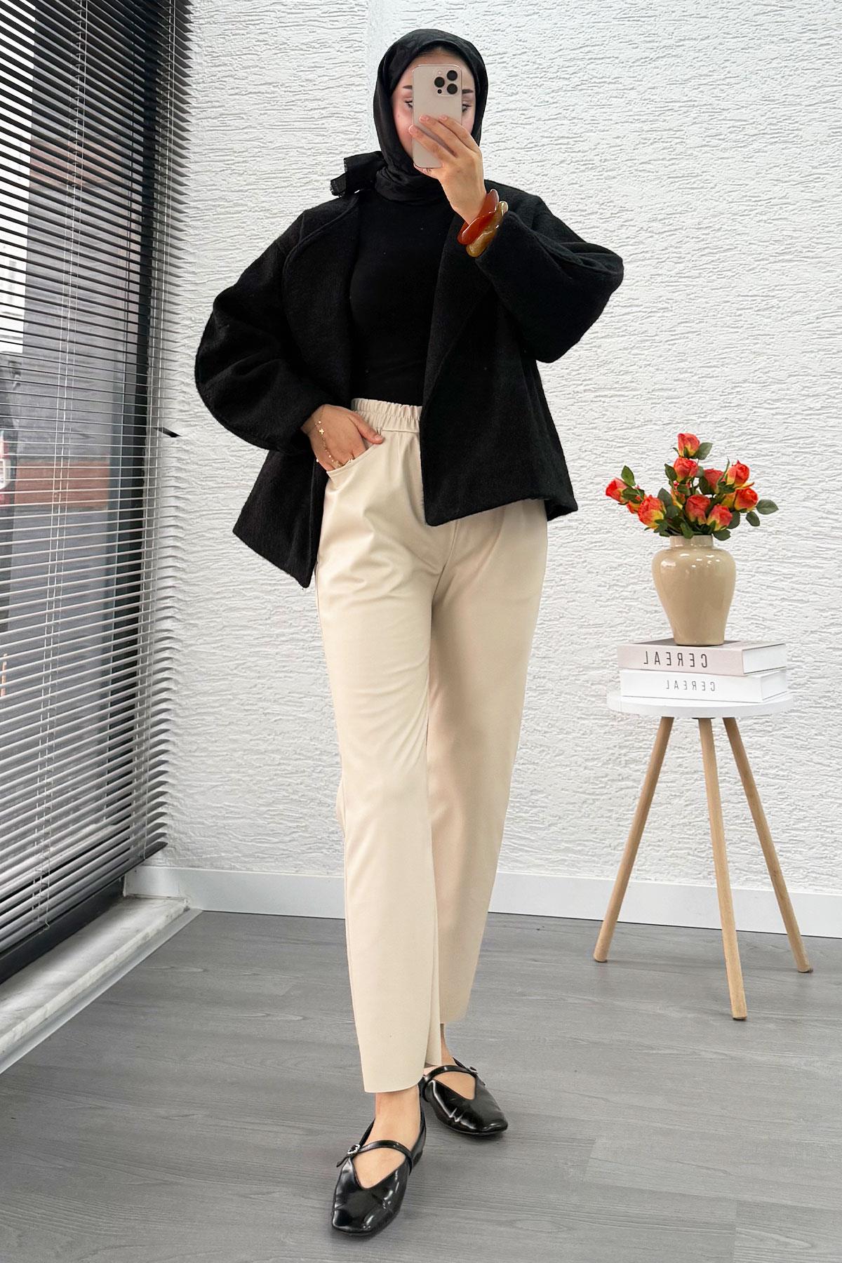 Premium Havuç Kesim Deri Pantolon – Krem