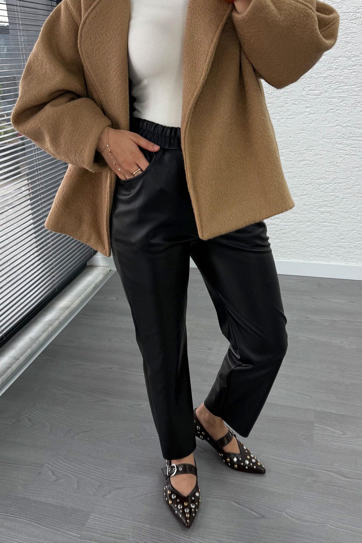 Premium Havuç Kesim Deri Pantolon – Siyah