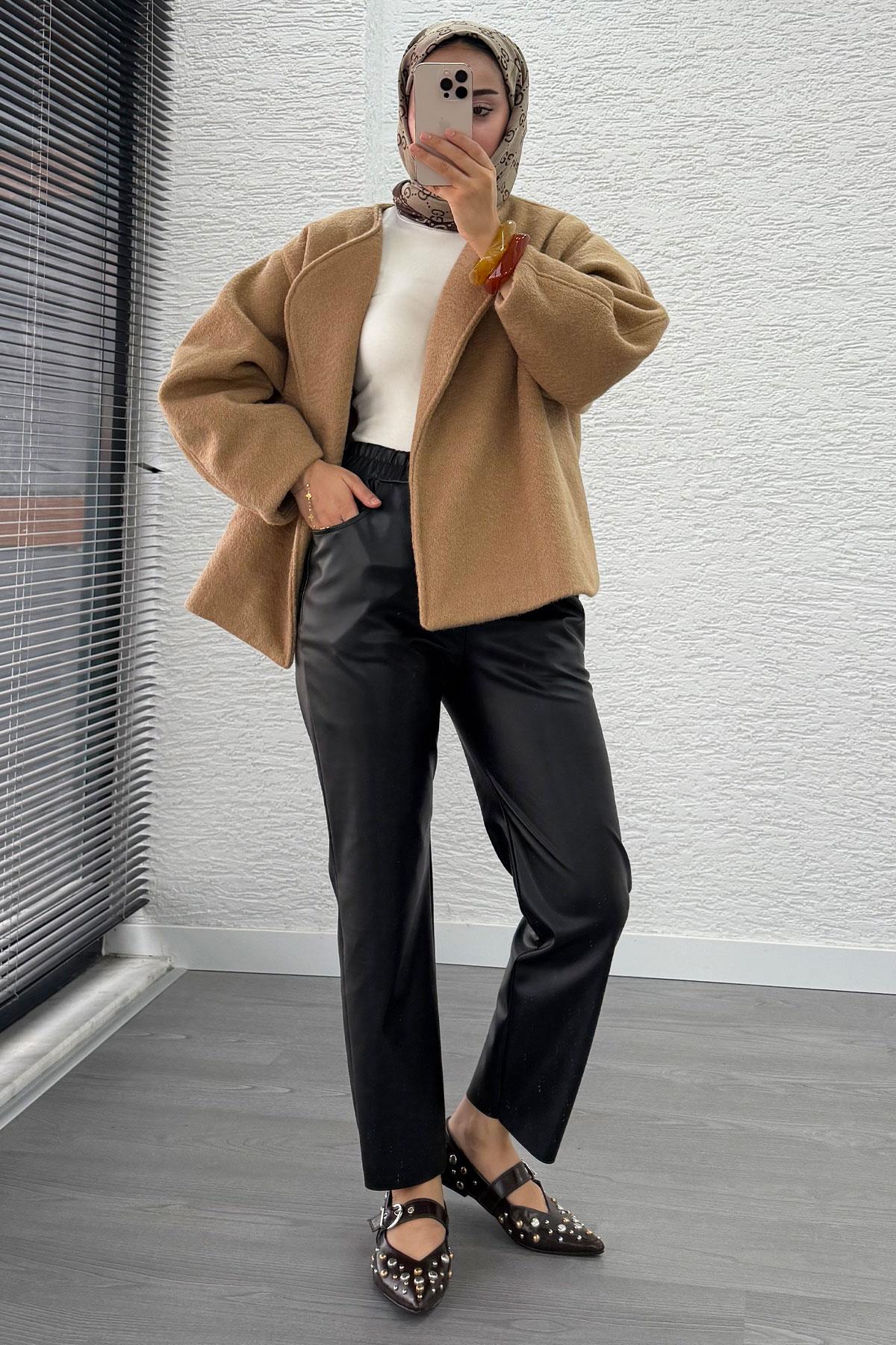 Premium Havuç Kesim Deri Pantolon – Siyah