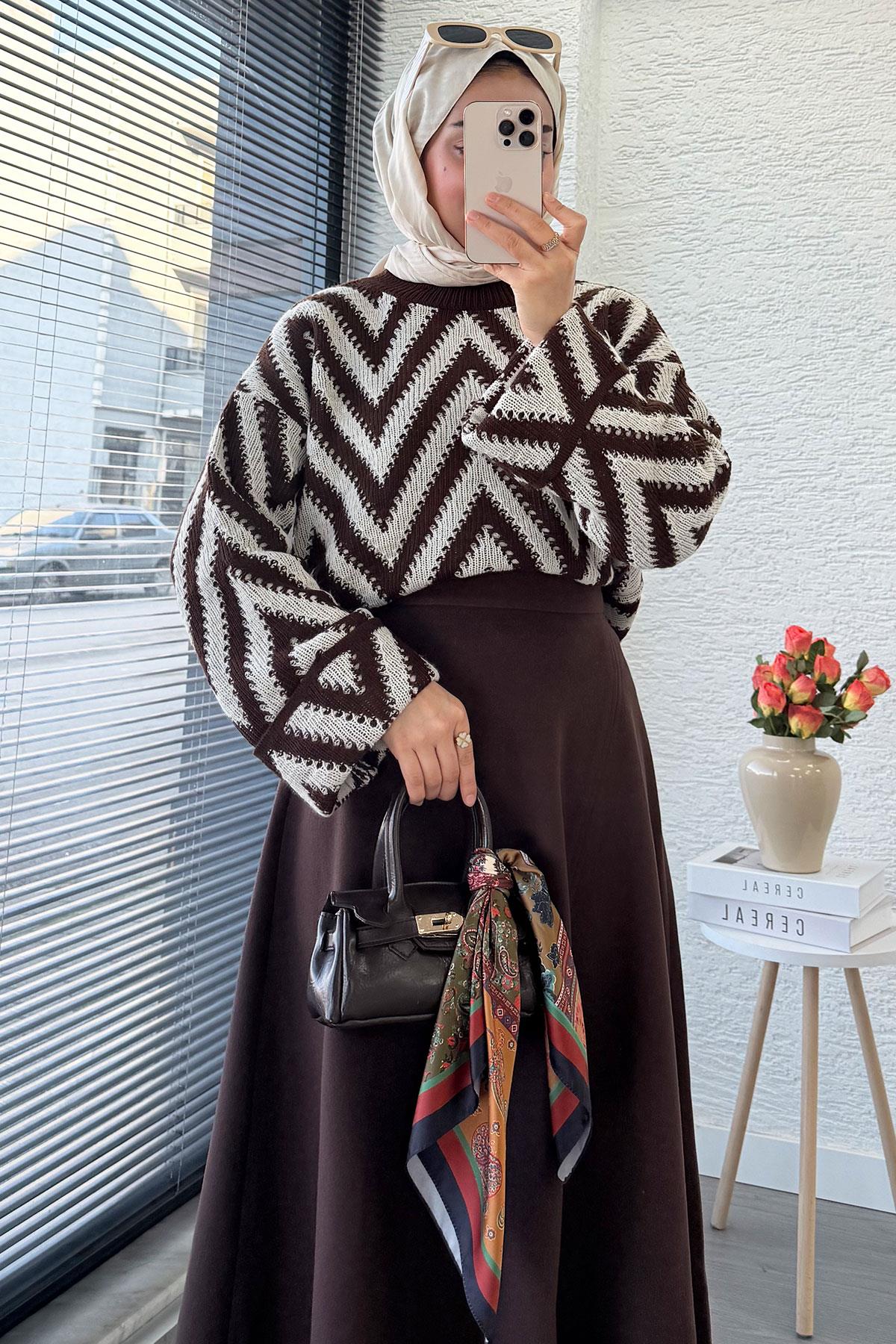 Premium Kaşe Kloş Form Etek - Acı Kahve