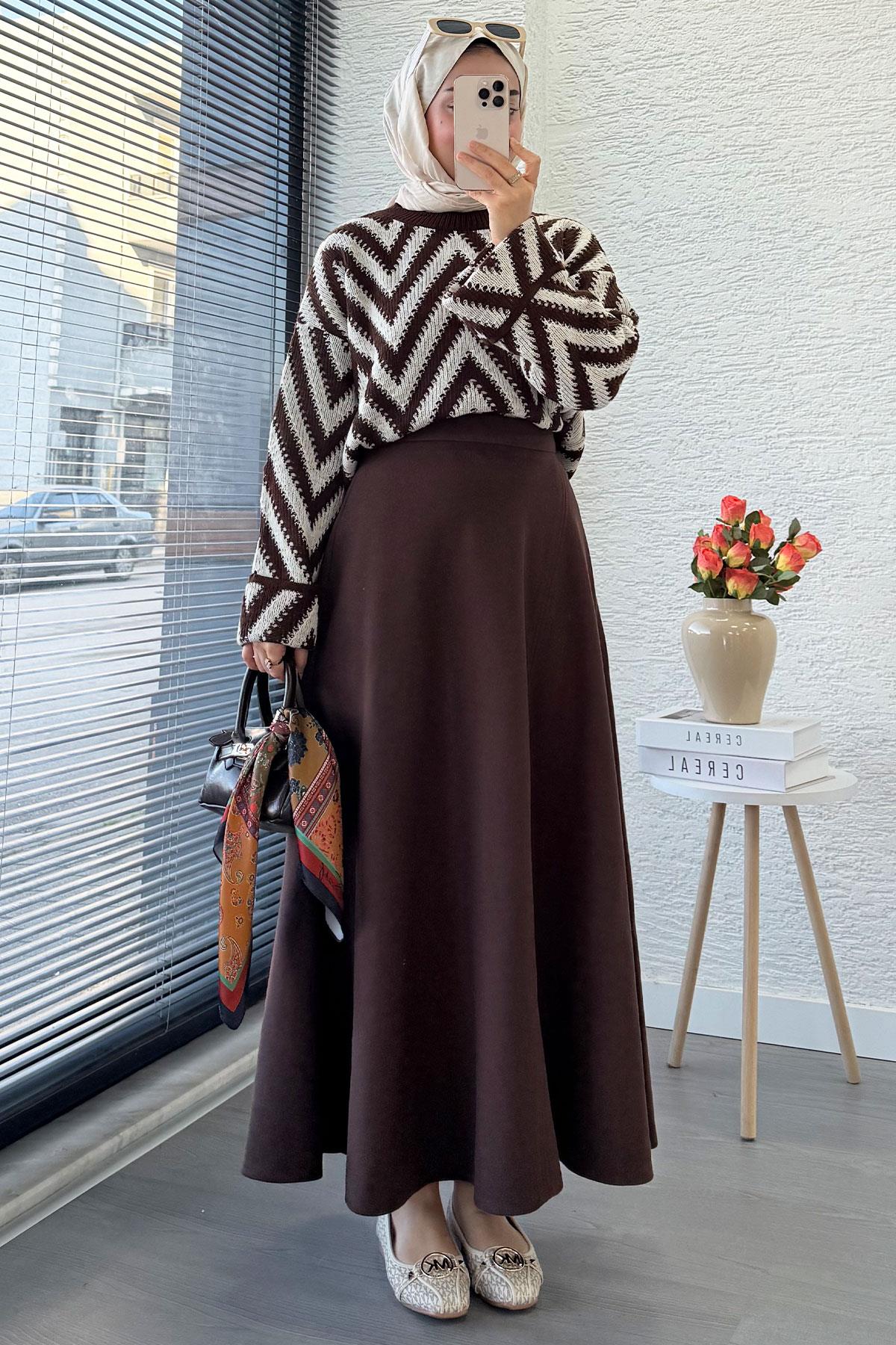 Premium Kaşe Kloş Form Etek - Acı Kahve