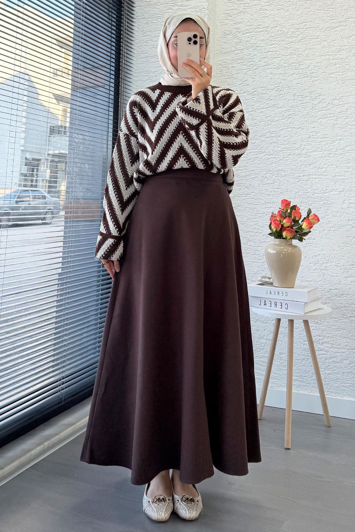 Premium Kaşe Kloş Form Etek - Acı Kahve