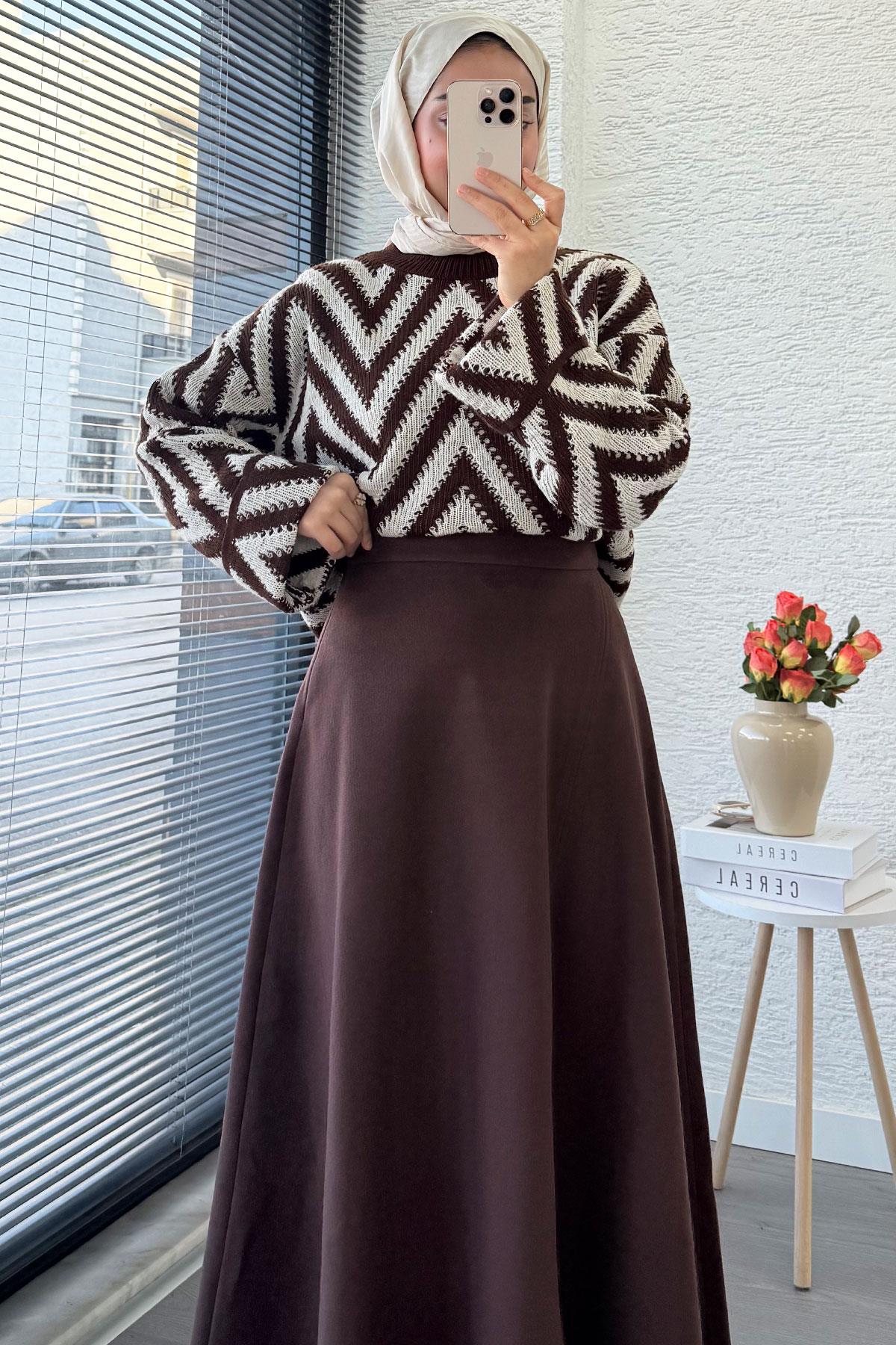 Premium Kaşe Kloş Form Etek - Acı Kahve